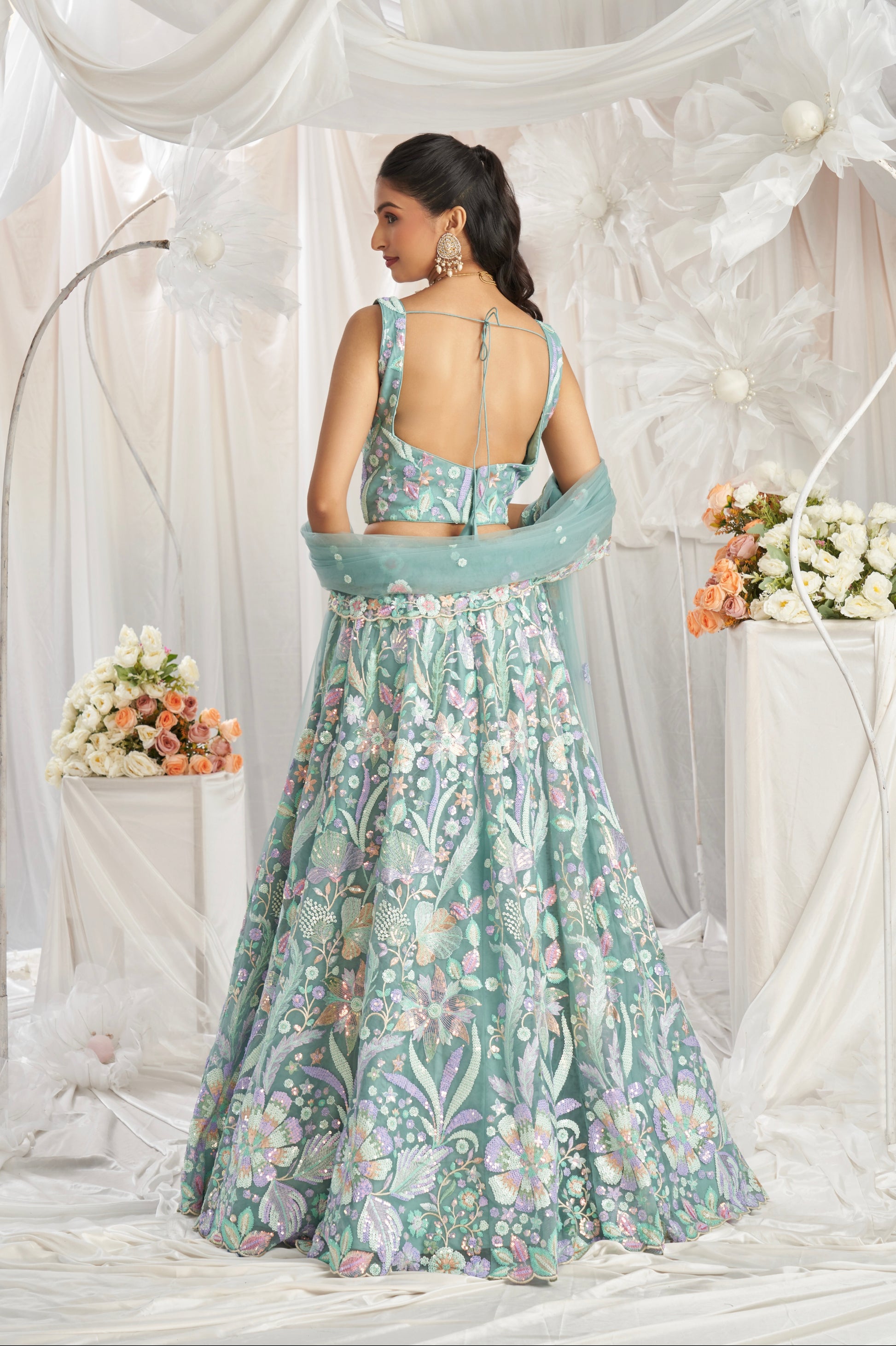 Lime Green Net Lehenga with Multi-Color Sequins & Embroidered Dupatta