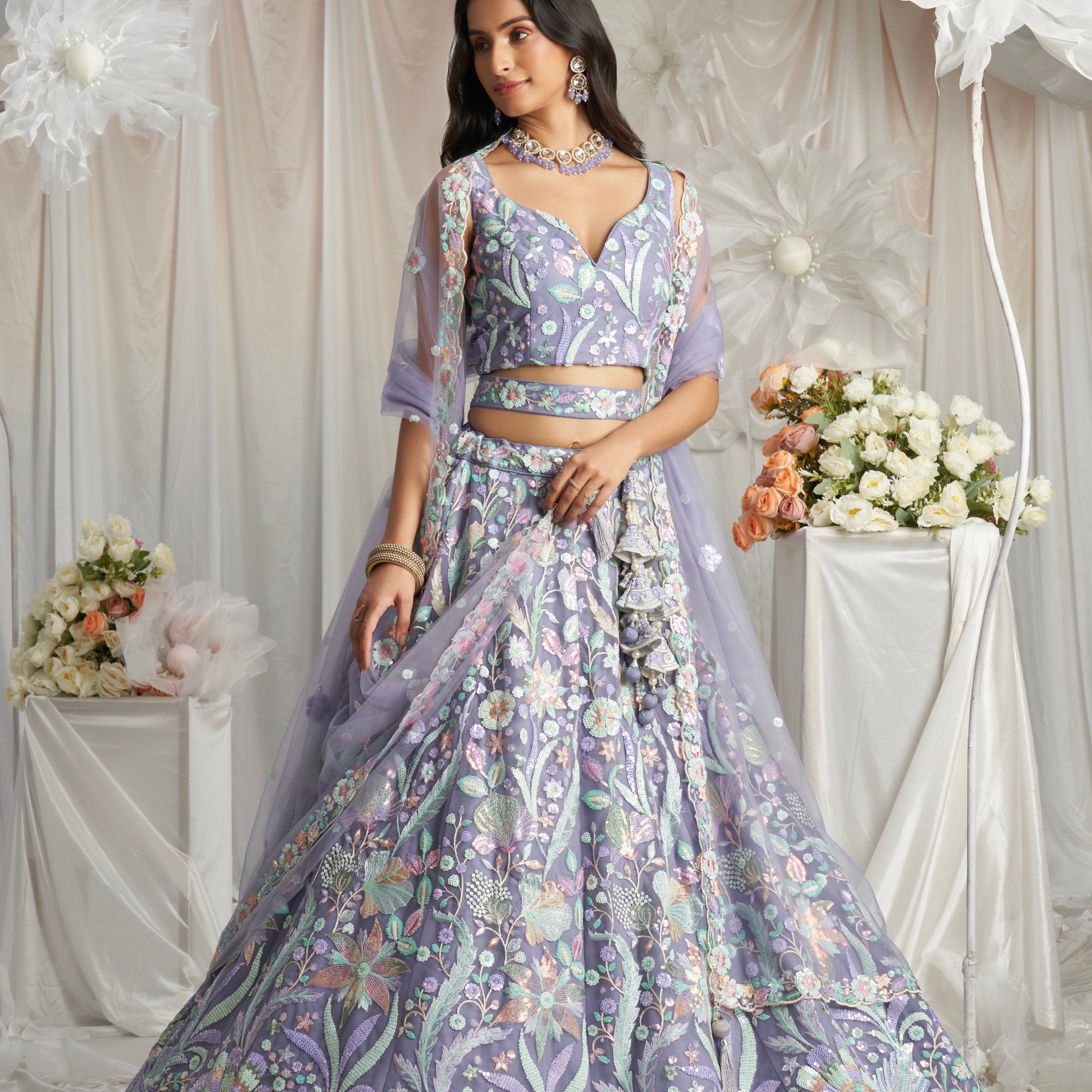 Mauve Net Lehenga with Multicolor Sequins Embroidery