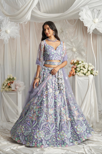 Mauve Net Lehenga with Multicolor Sequins Embroidery