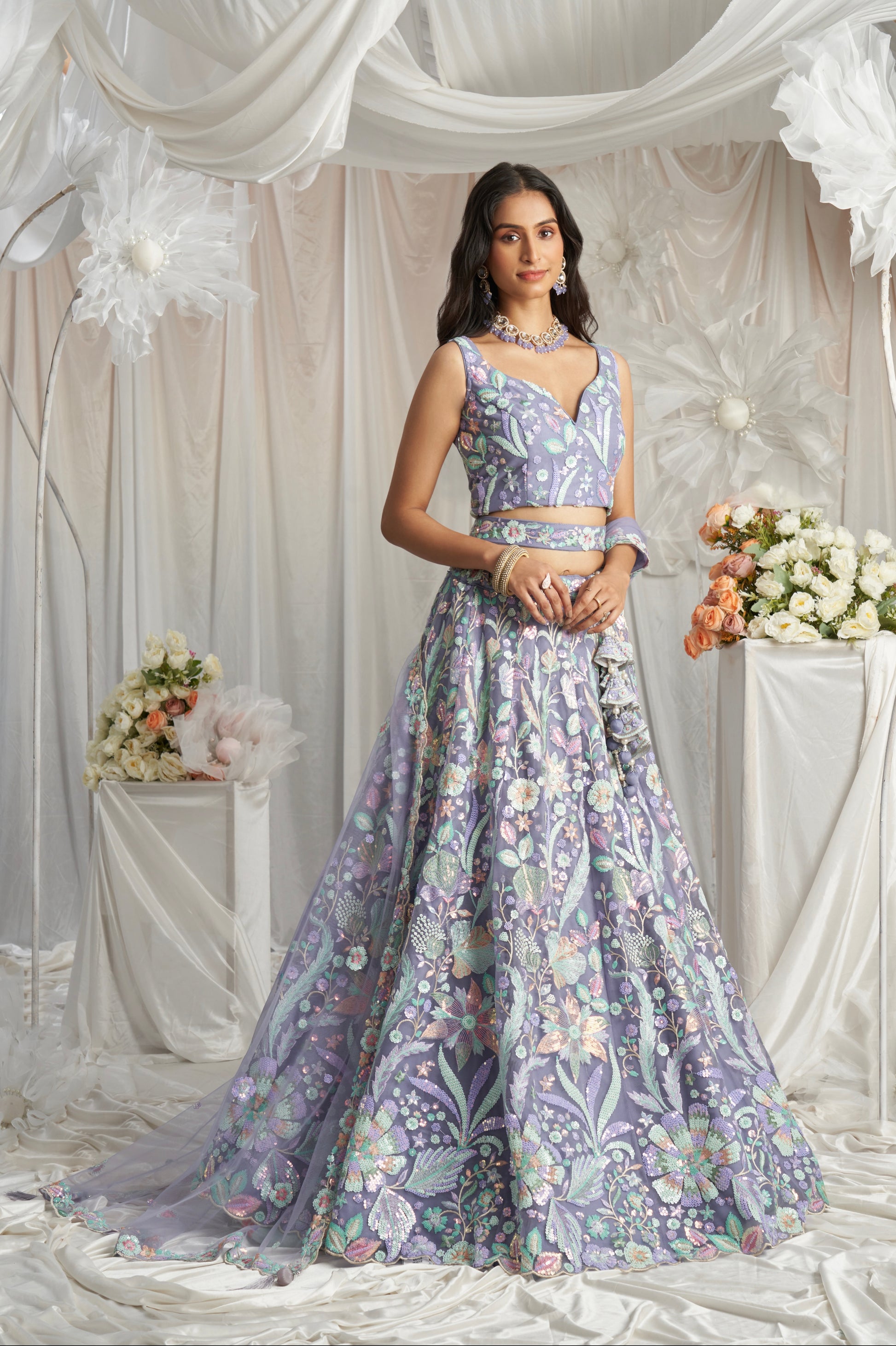 Mauve Net Lehenga with Multicolor Sequins Embroidery