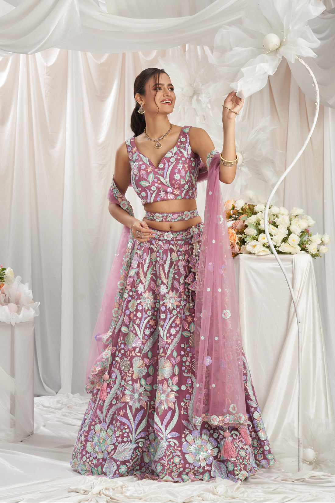 Rose Gold Net Lehenga with Sequins Embroidery