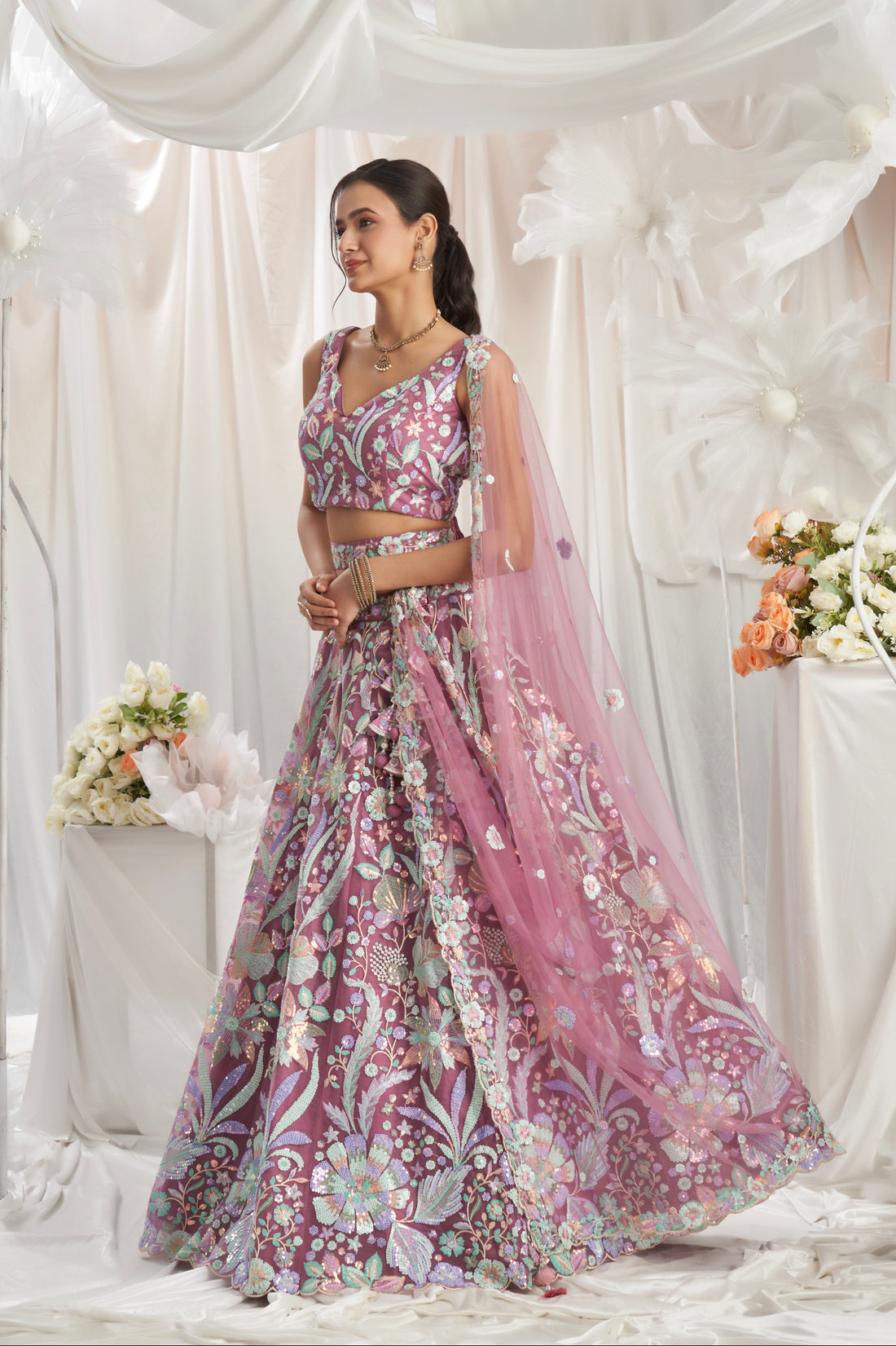 Rose Gold Net Lehenga with Sequins Embroidery