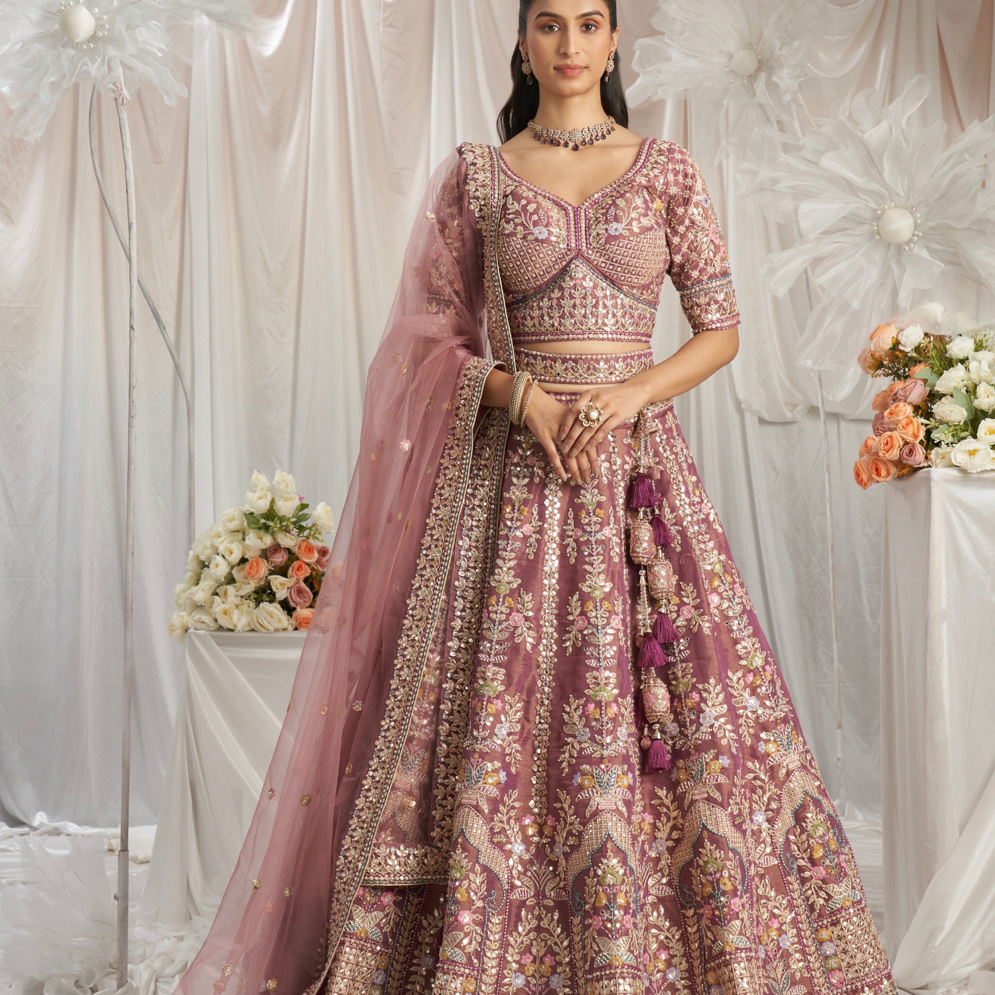 Lavender Gold Bridal Net Lehenga with Gotapatti & Sequins Work