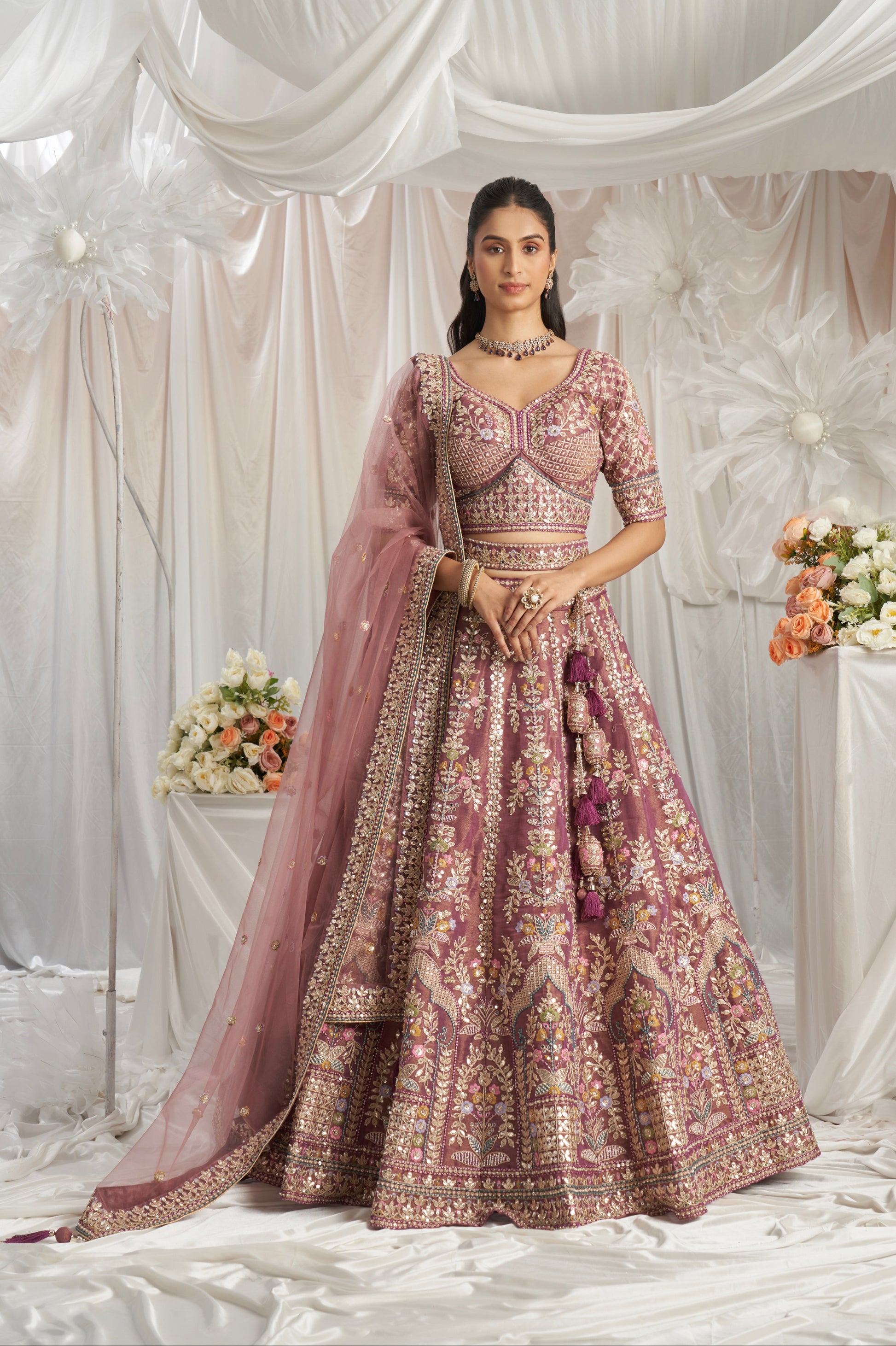 Lavender Gold Bridal Net Lehenga with Gotapatti & Sequins Work