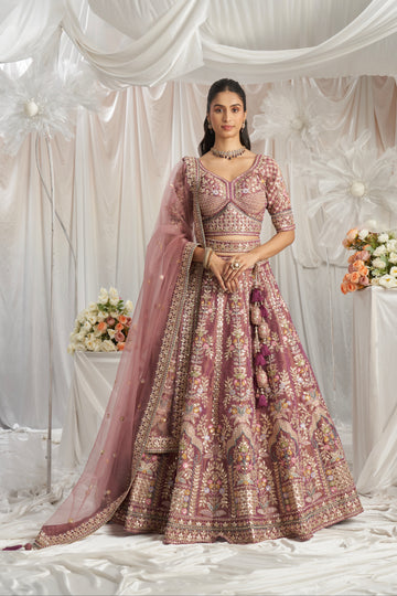 Lavender Gold Bridal Net Lehenga with Gotapatti & Sequins Work