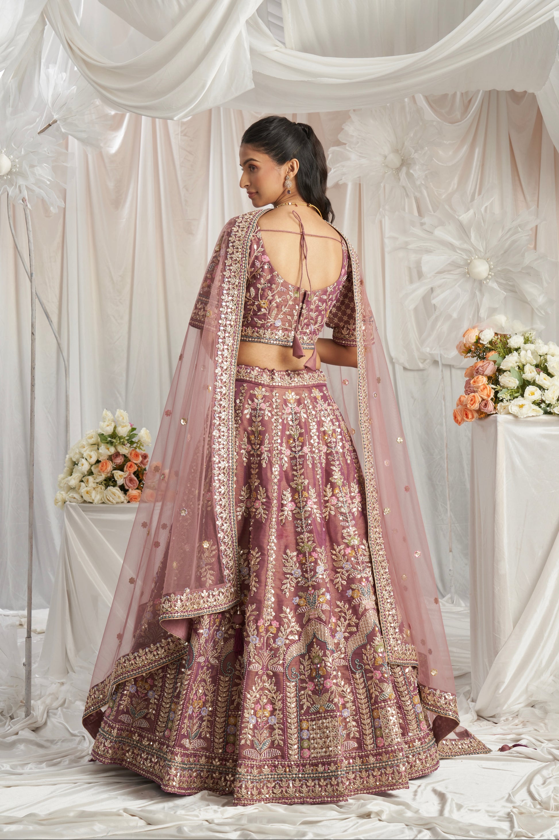 Lavender Gold Bridal Net Lehenga with Gotapatti & Sequins Work