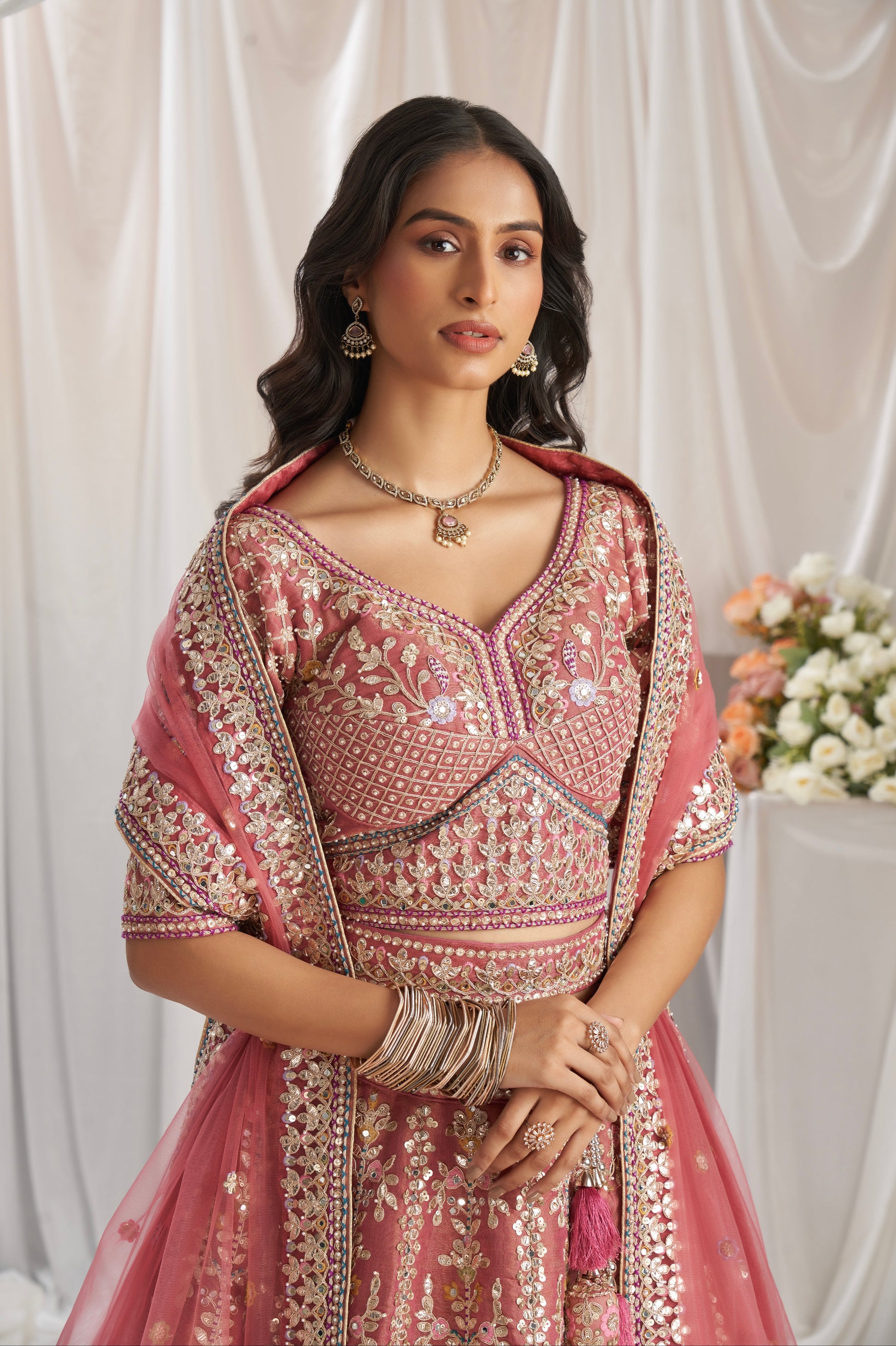 Rose Gold Bridal Net Lehenga with Gotapatti & Sequins Work