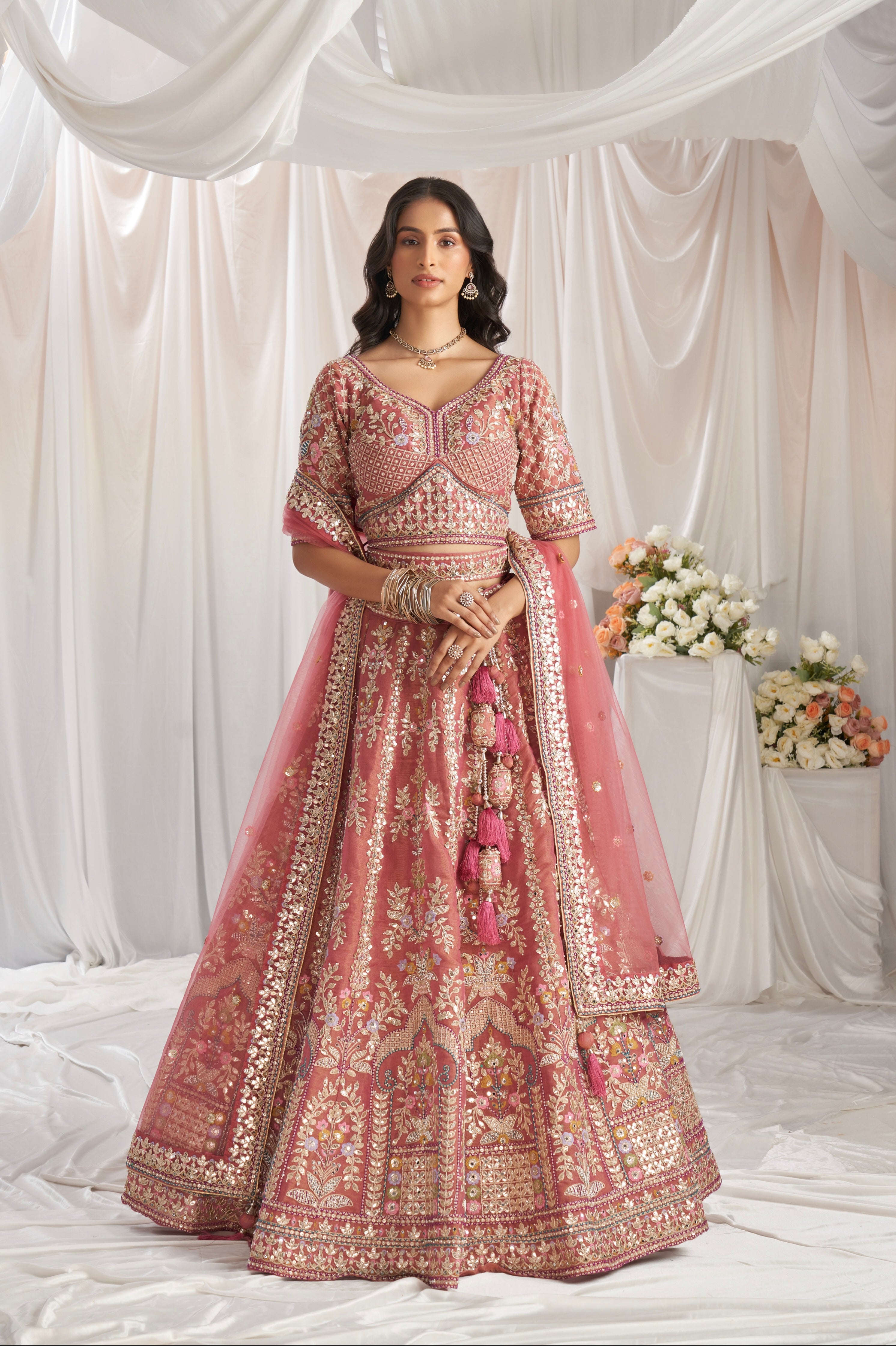 Rose Gold Bridal Net Lehenga with Gotapatti Sequins Work