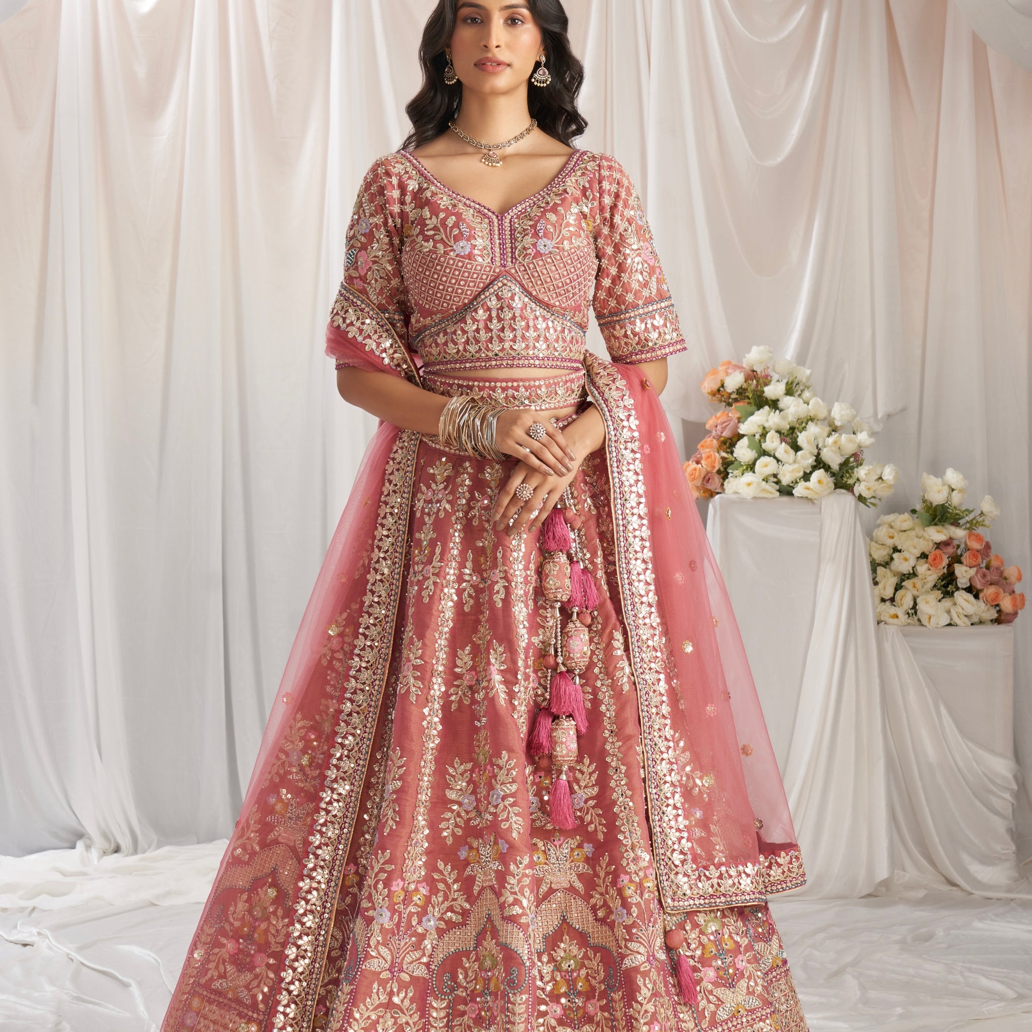 Rose Gold Bridal Net Lehenga with Gotapatti & Sequins Work