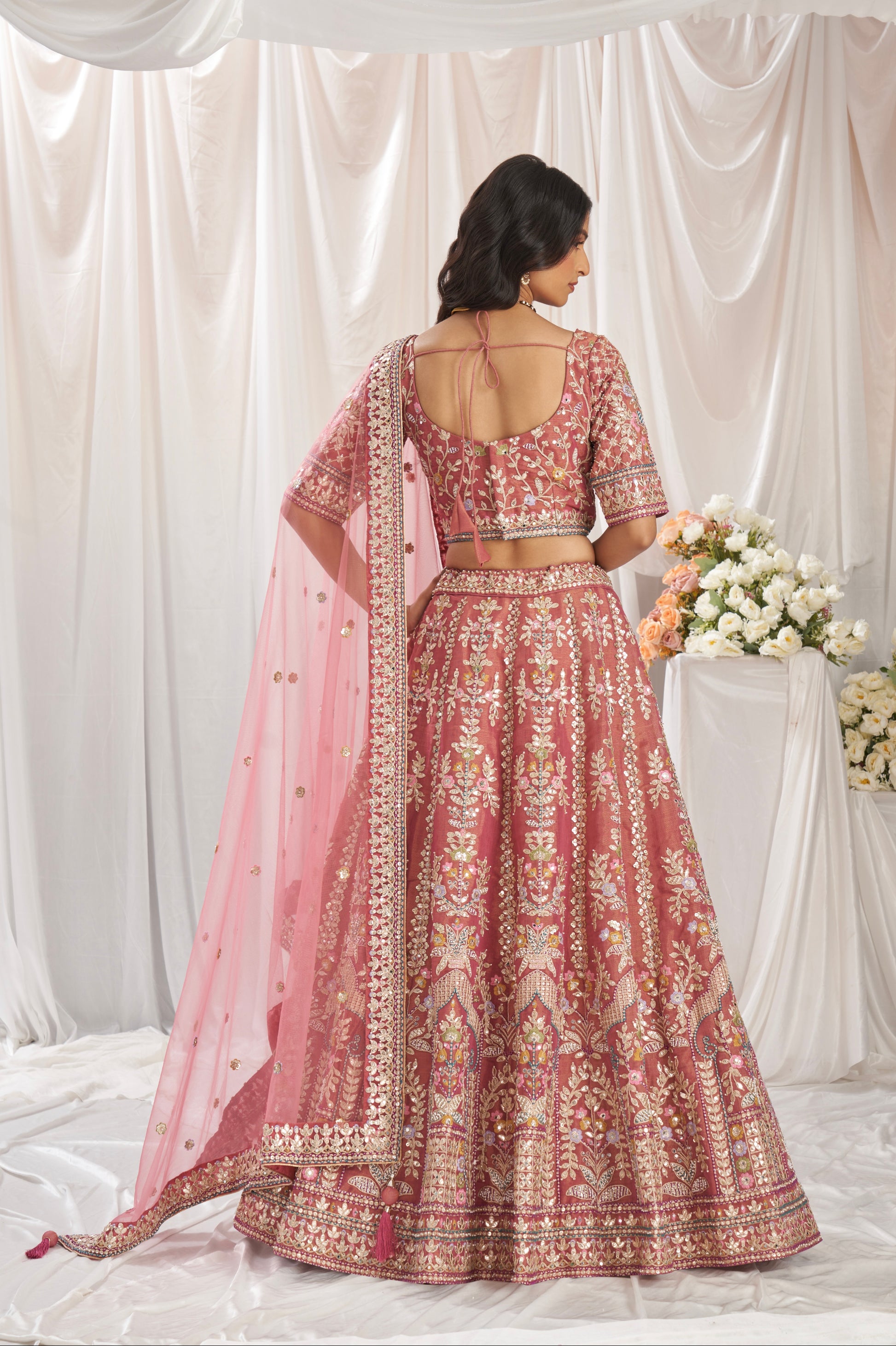 Rose Gold Bridal Net Lehenga with Gotapatti & Sequins Work