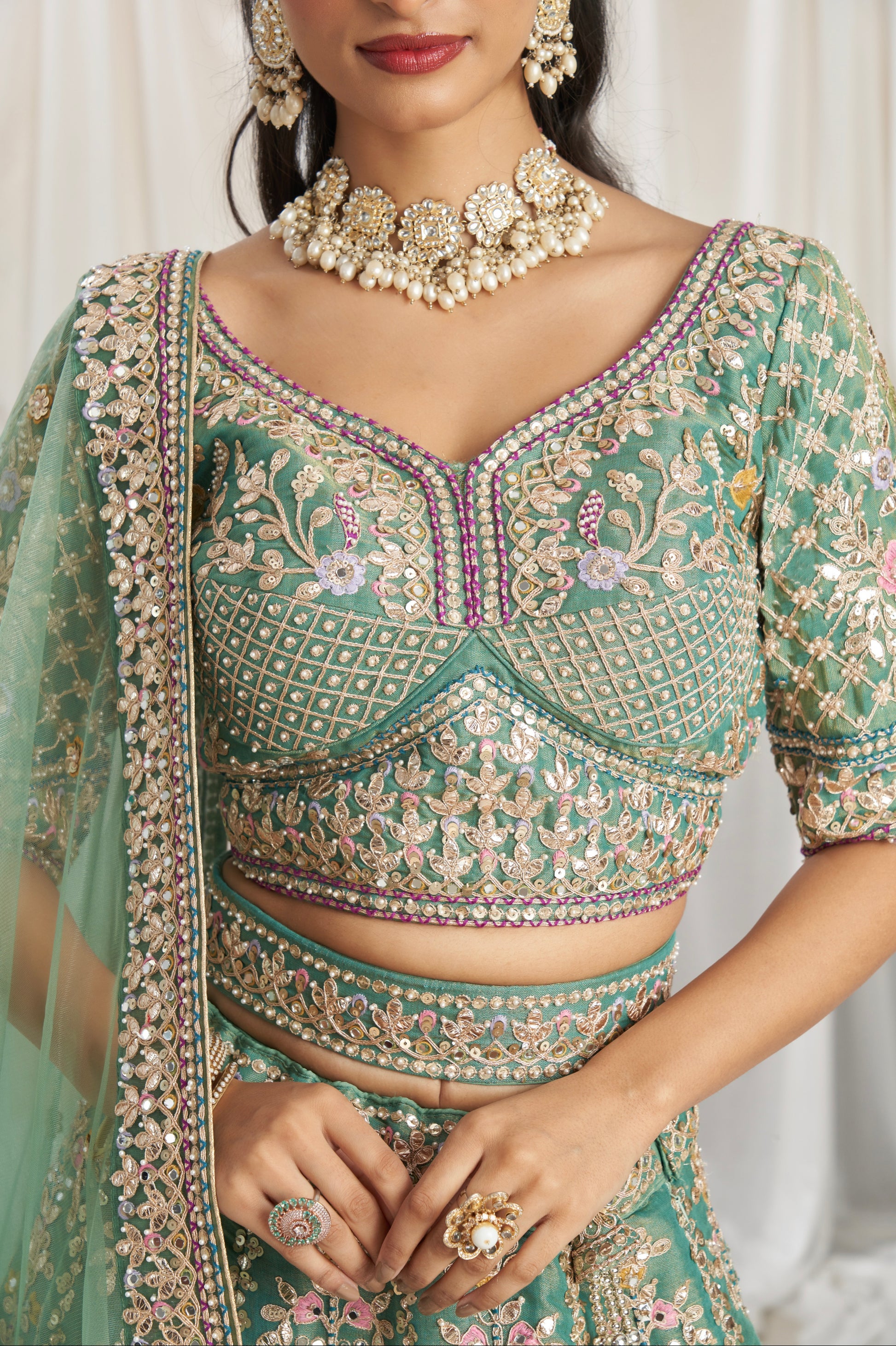 Sea Green Bridal Net Lehenga with Gotapatti & Sequins