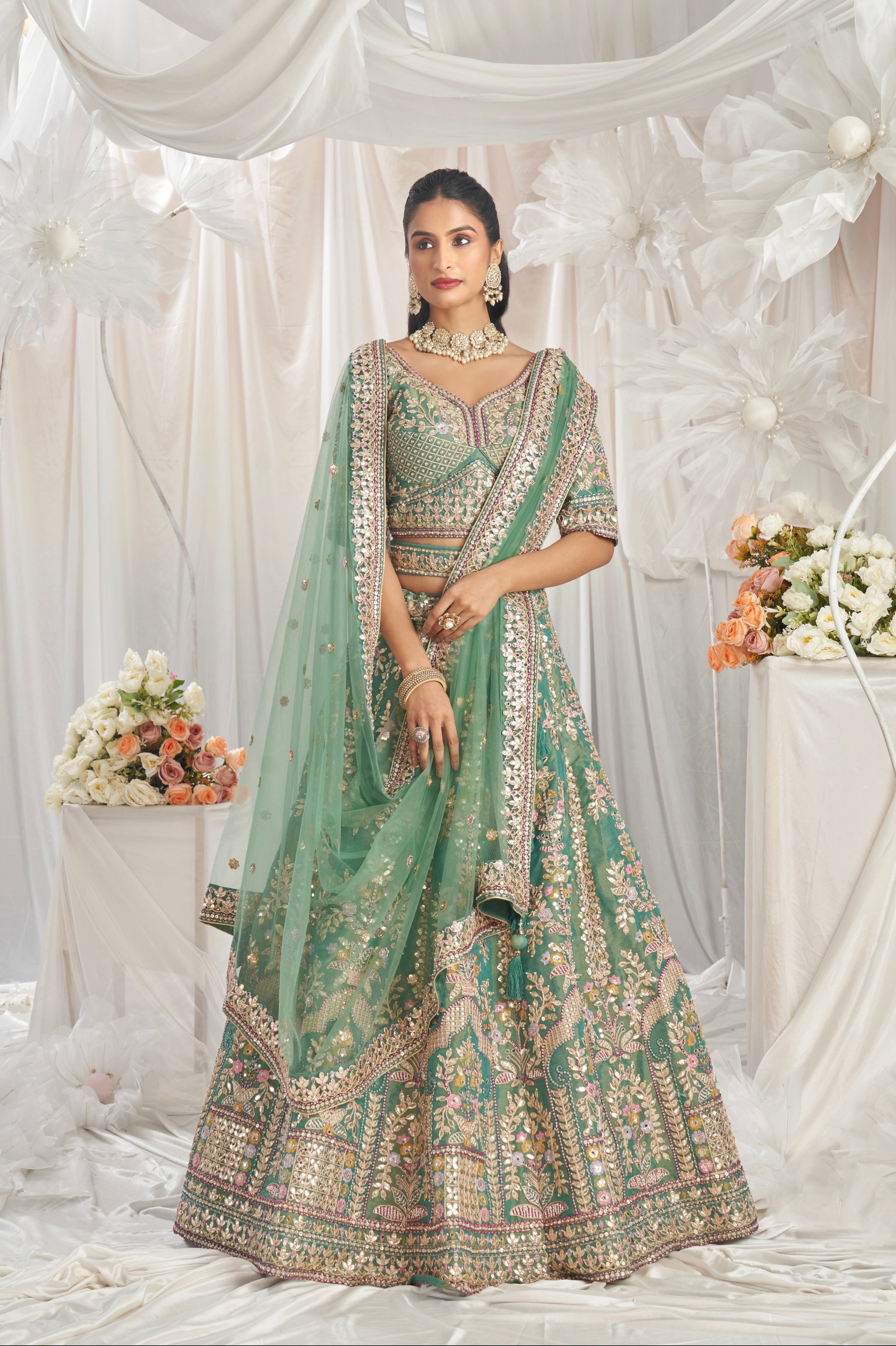 Sea Green Bridal Net Lehenga with Gotapatti & Sequins