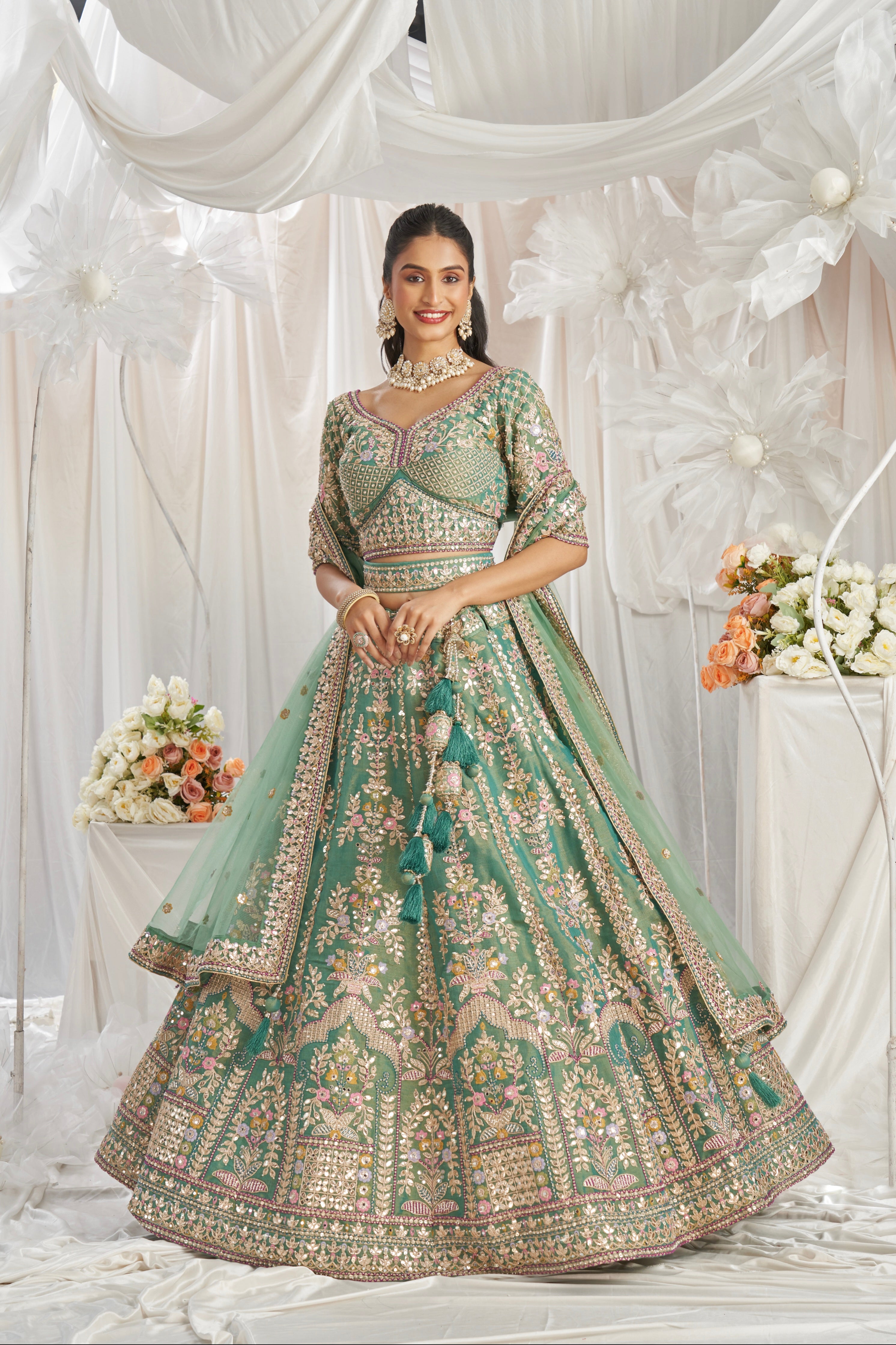 Sea Green Bridal Net Lehenga with Gotapatti Sequins