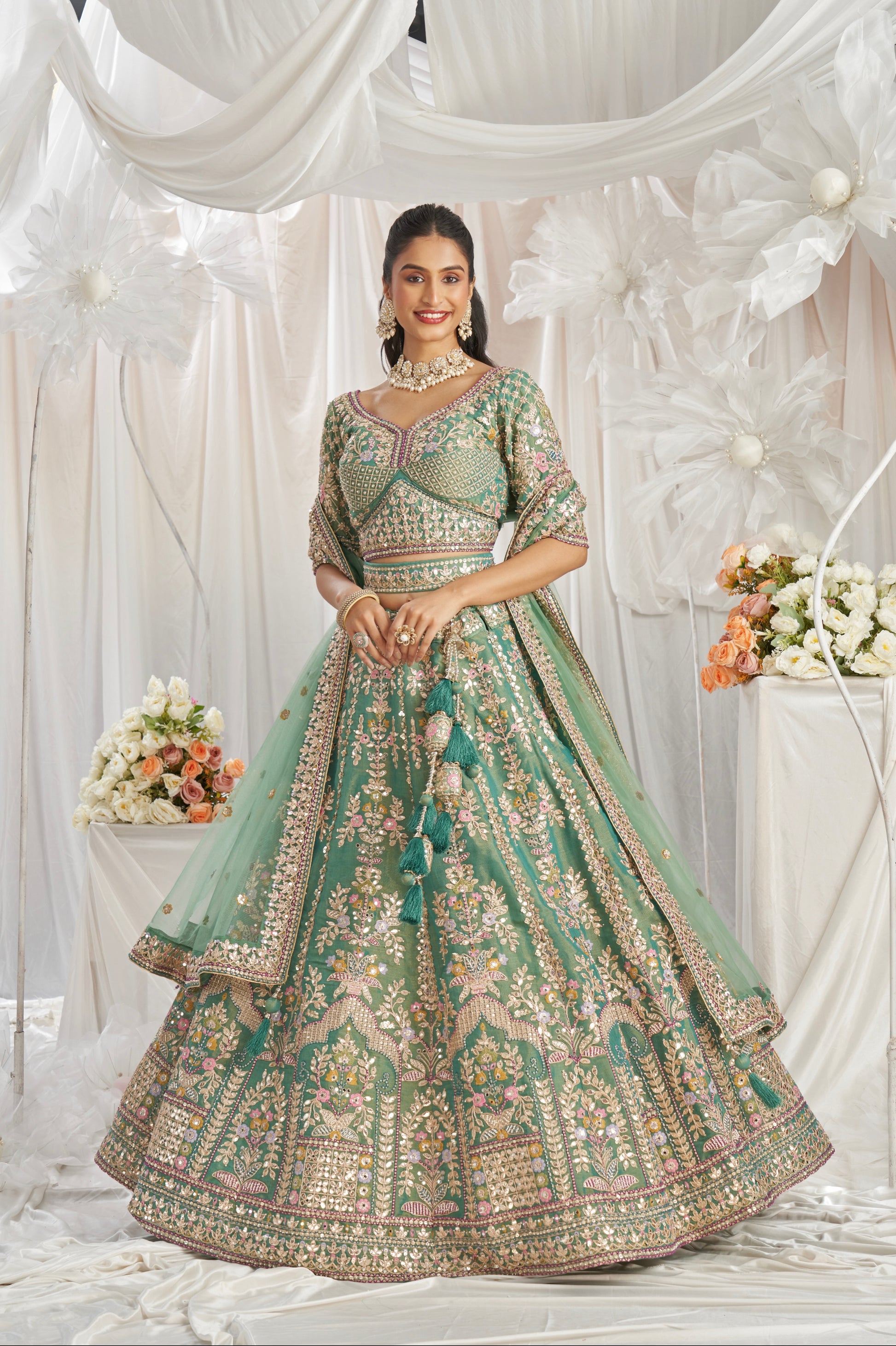 Sea Green Bridal Net Lehenga with Gotapatti & Sequins