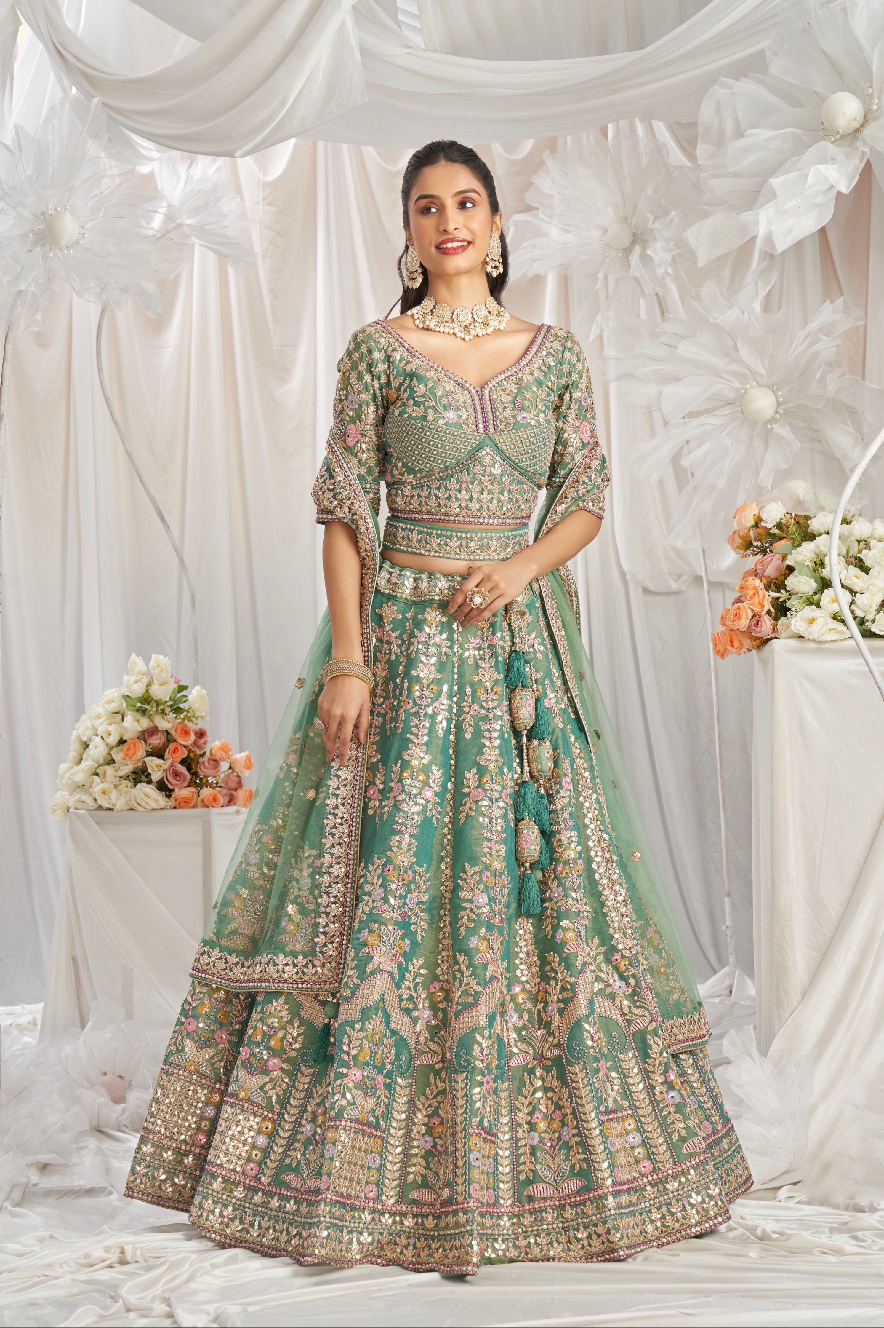 Sea Green Bridal Net Lehenga with Gotapatti Sequins