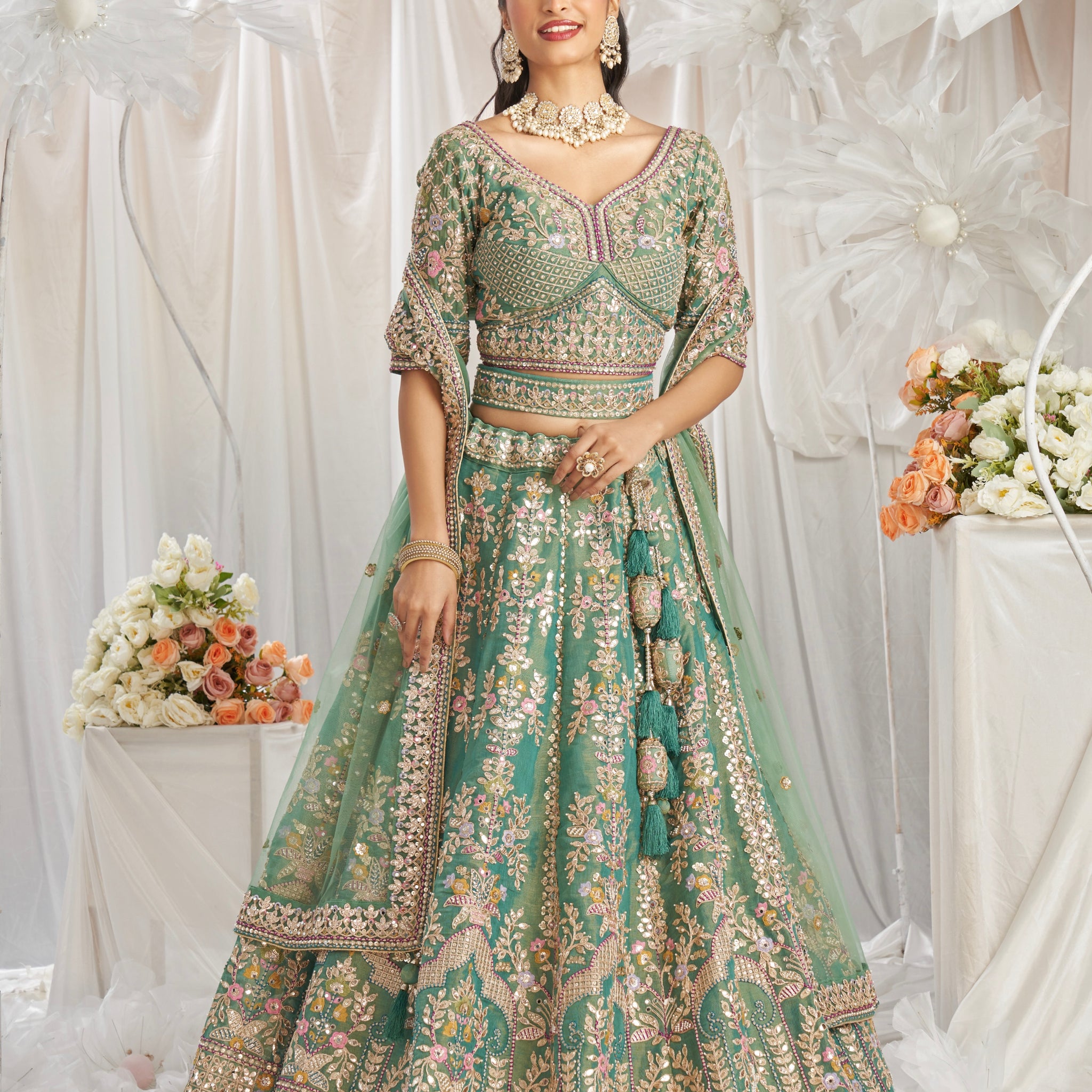 Sea Green Bridal Net Lehenga with Gotapatti & Sequins