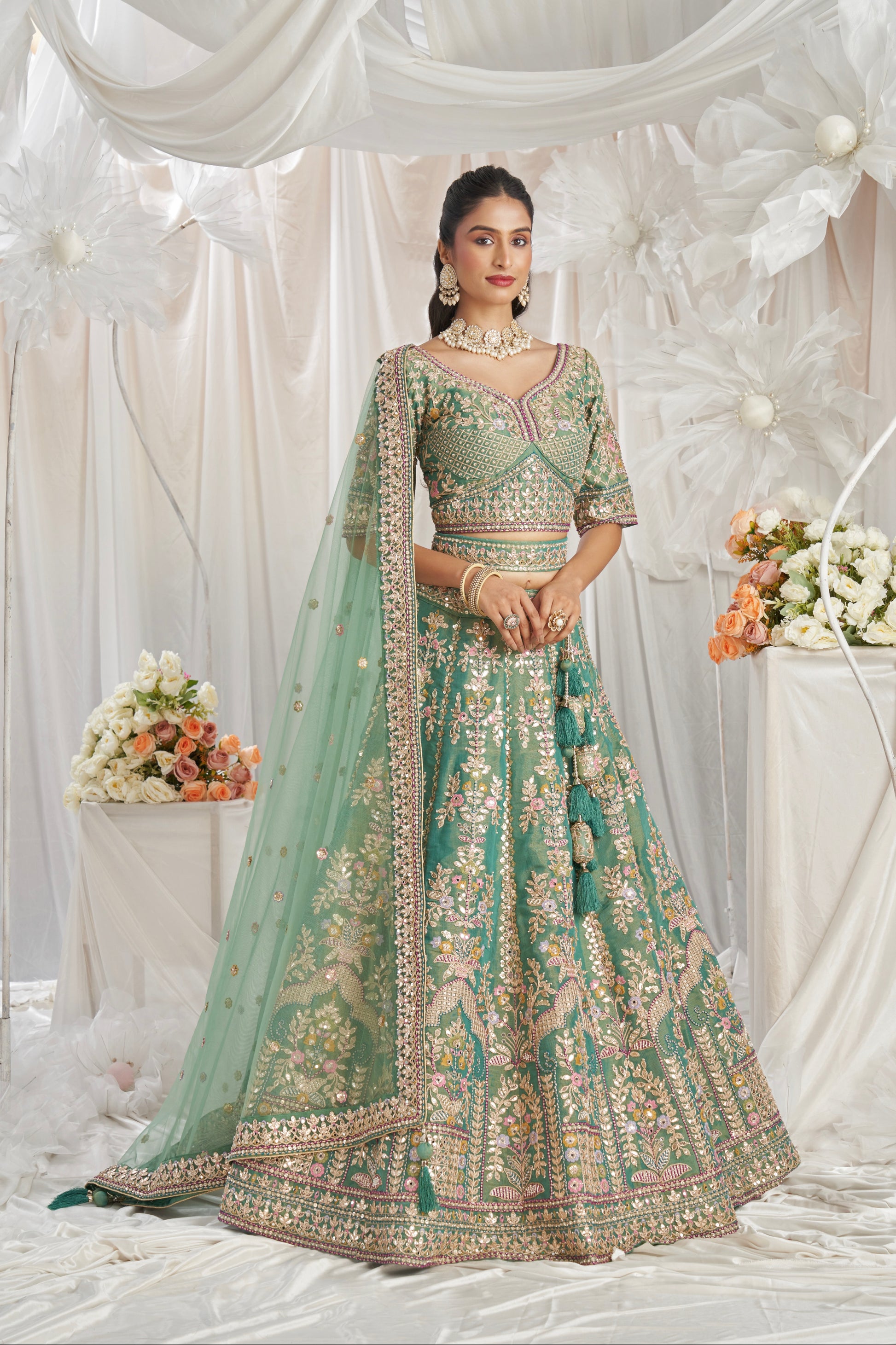 Sea Green Bridal Net Lehenga with Gotapatti & Sequins