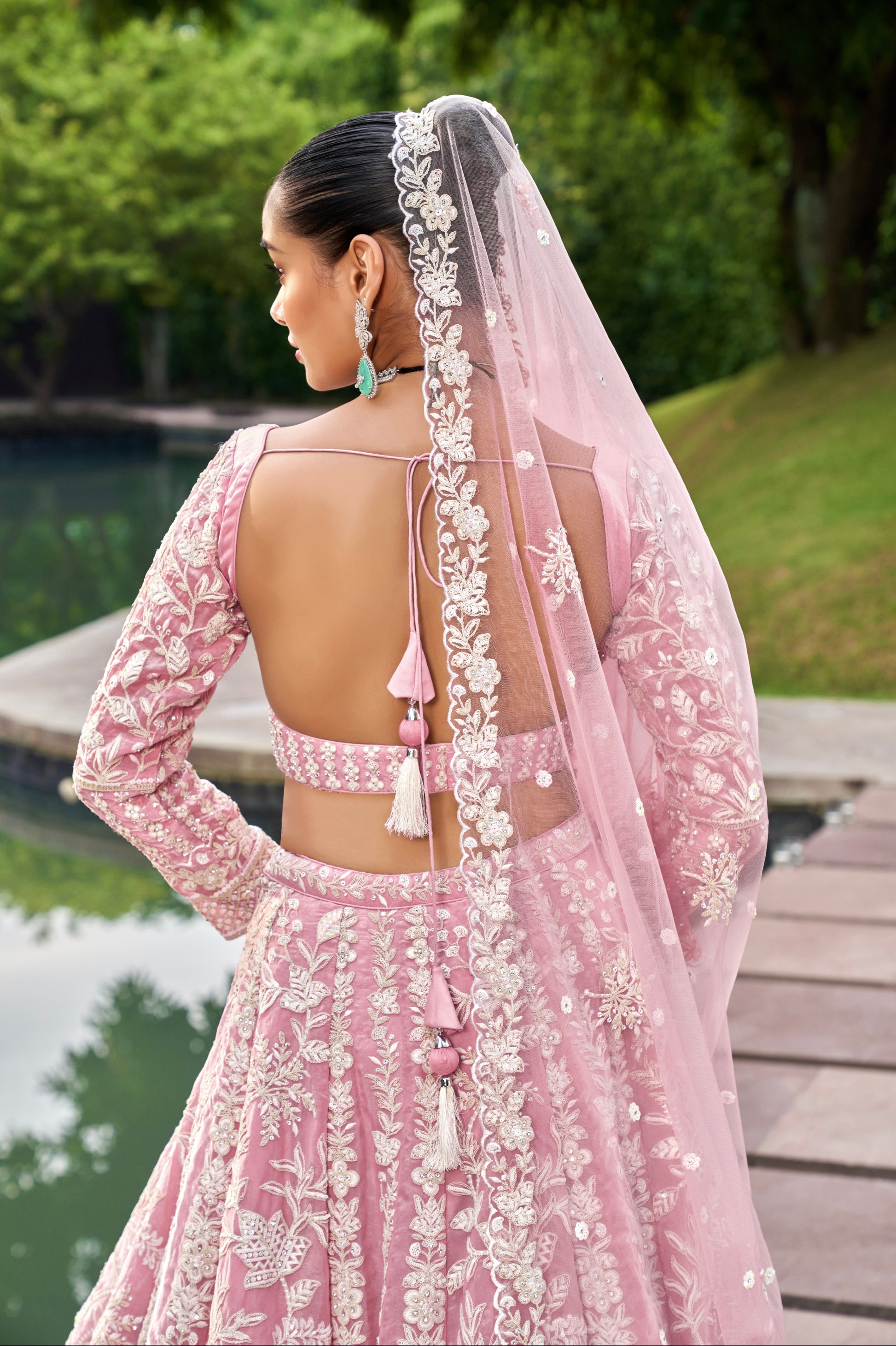 Pink Organza Bridal Lehenga with Sequins & Zarkan Embroidery