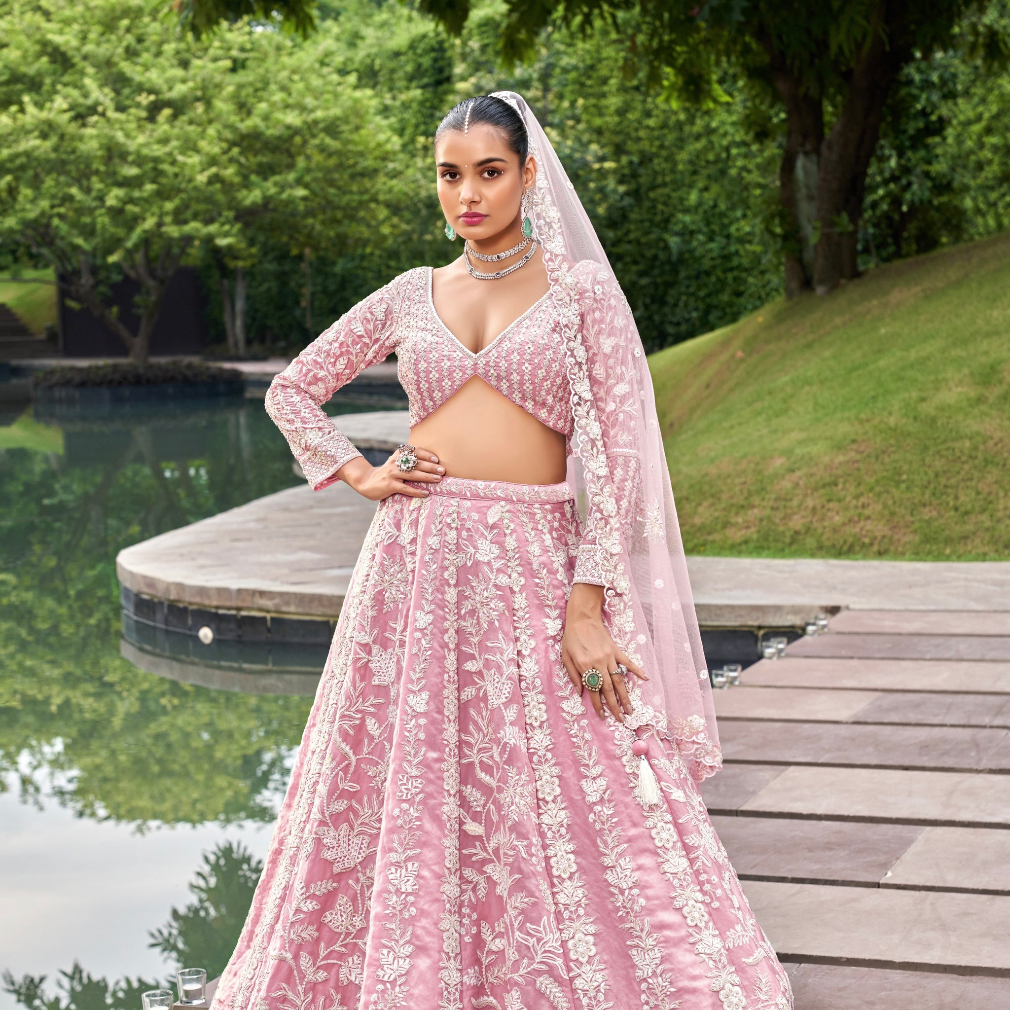 Pink Organza Bridal Lehenga with Sequins & Zarkan Embroidery