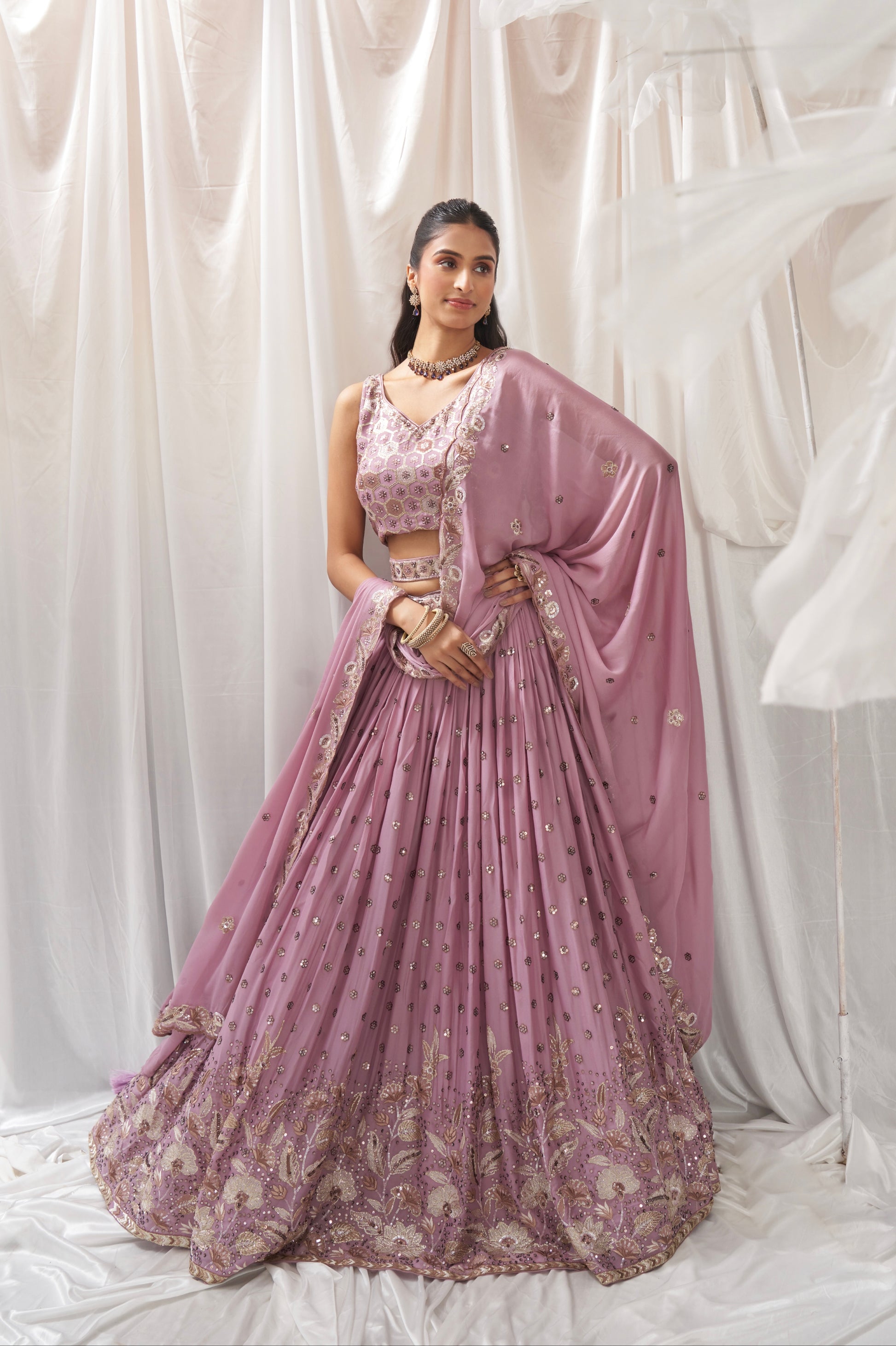 Lavender Georgette Bridal Lehenga with Sequins & Thread Embroidery