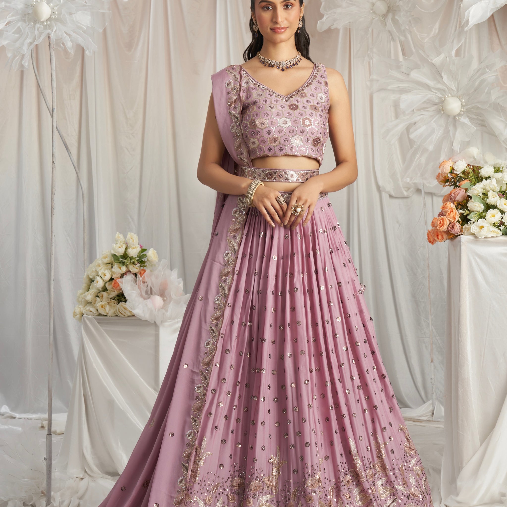 Lavender Georgette Bridal Lehenga with Sequins & Thread Embroidery