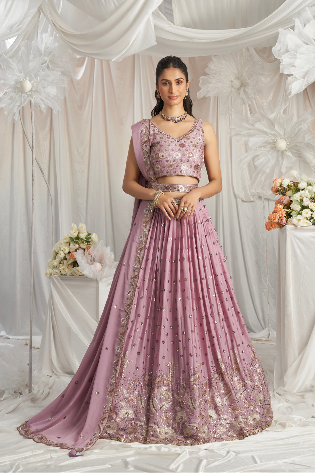 Lavender Georgette Bridal Lehenga with Sequins & Thread Embroidery