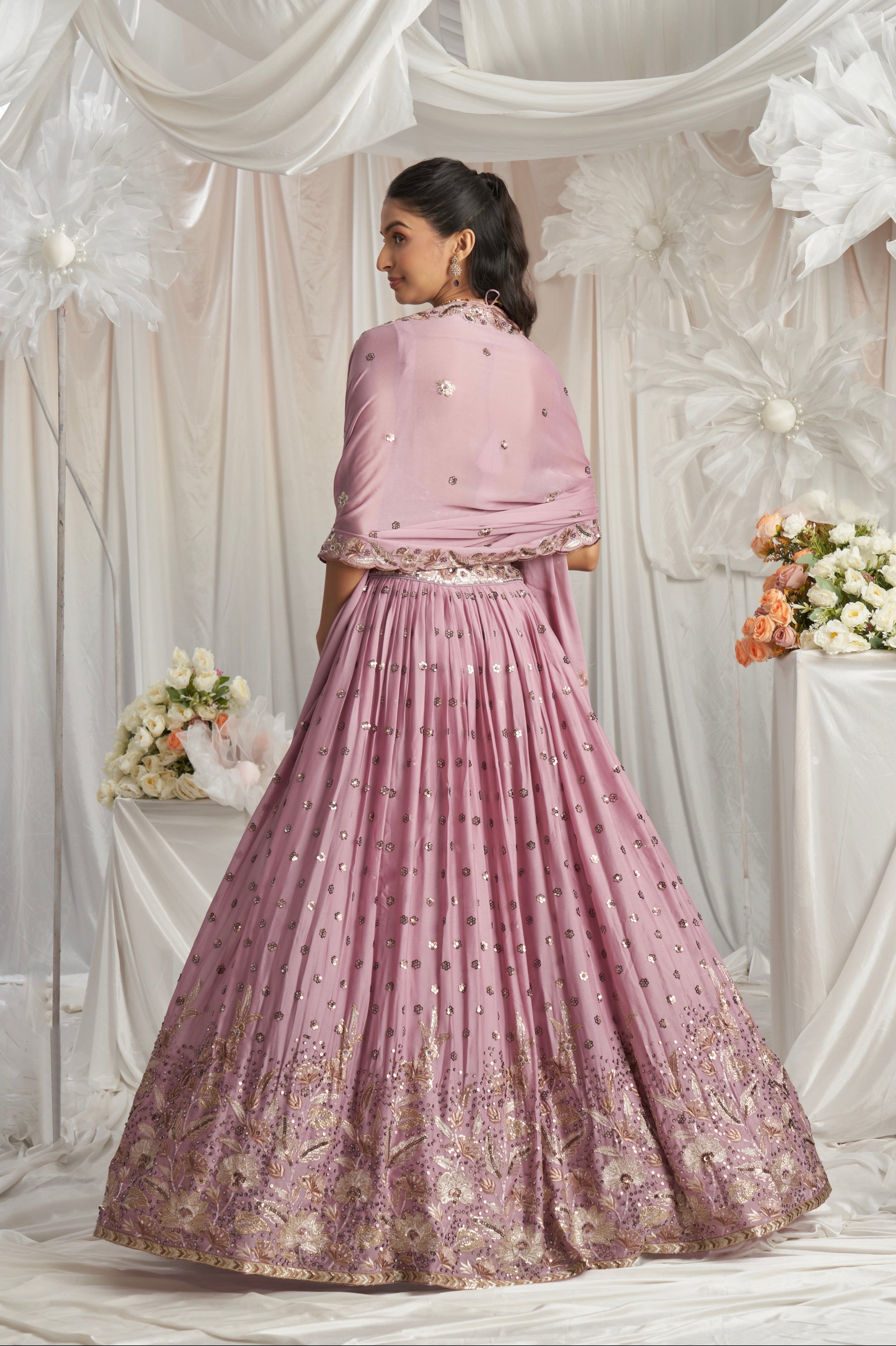 Lavender Georgette Bridal Lehenga with Sequins & Thread Embroidery