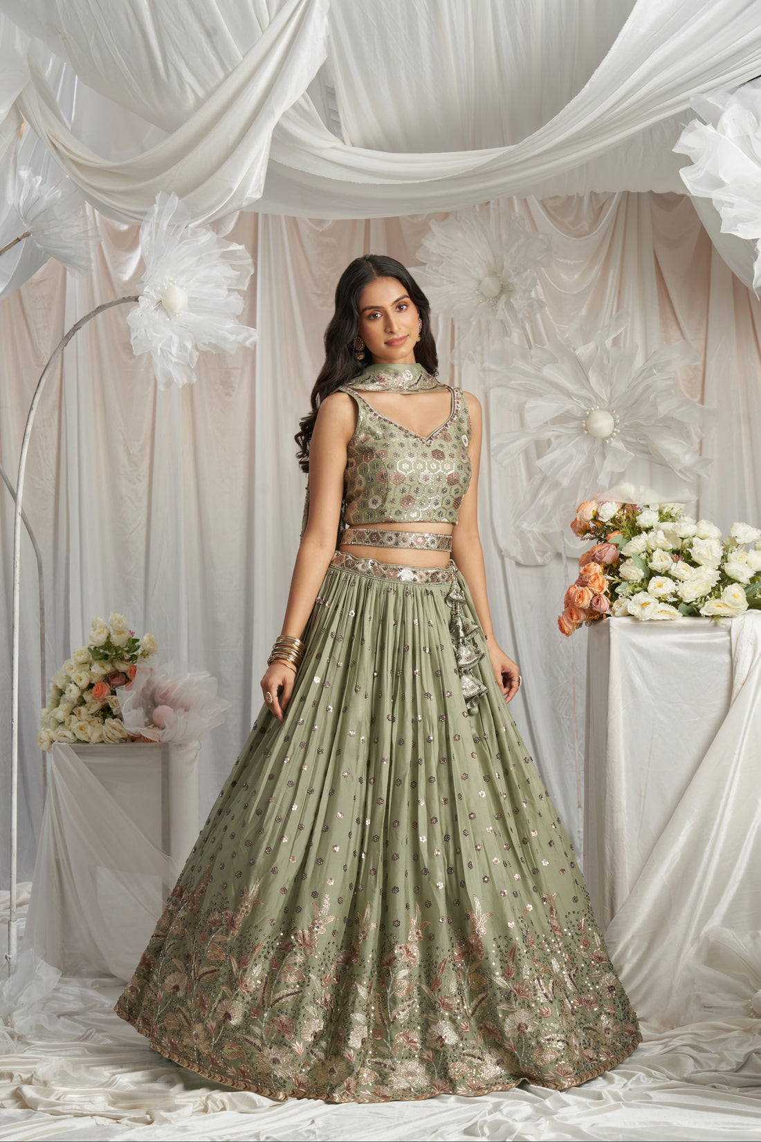 Lime Green Georgette Bridal Lehenga with Sequins & Thread Embroidery