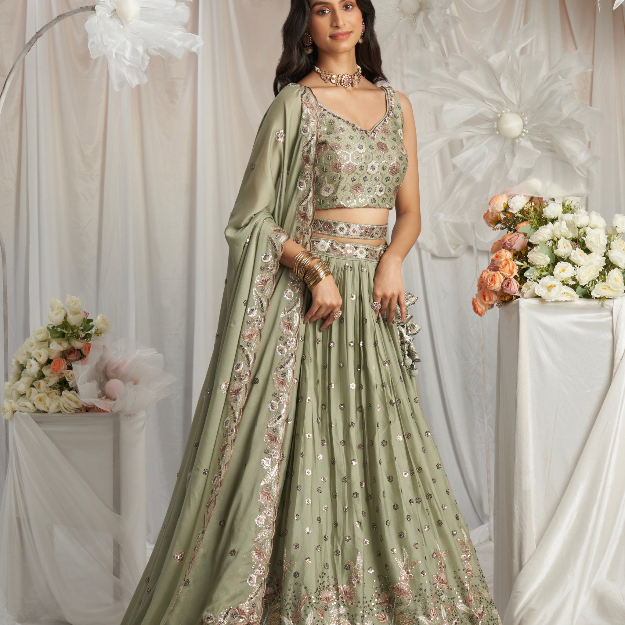 Lime Green Georgette Bridal Lehenga with Sequins & Thread Embroidery