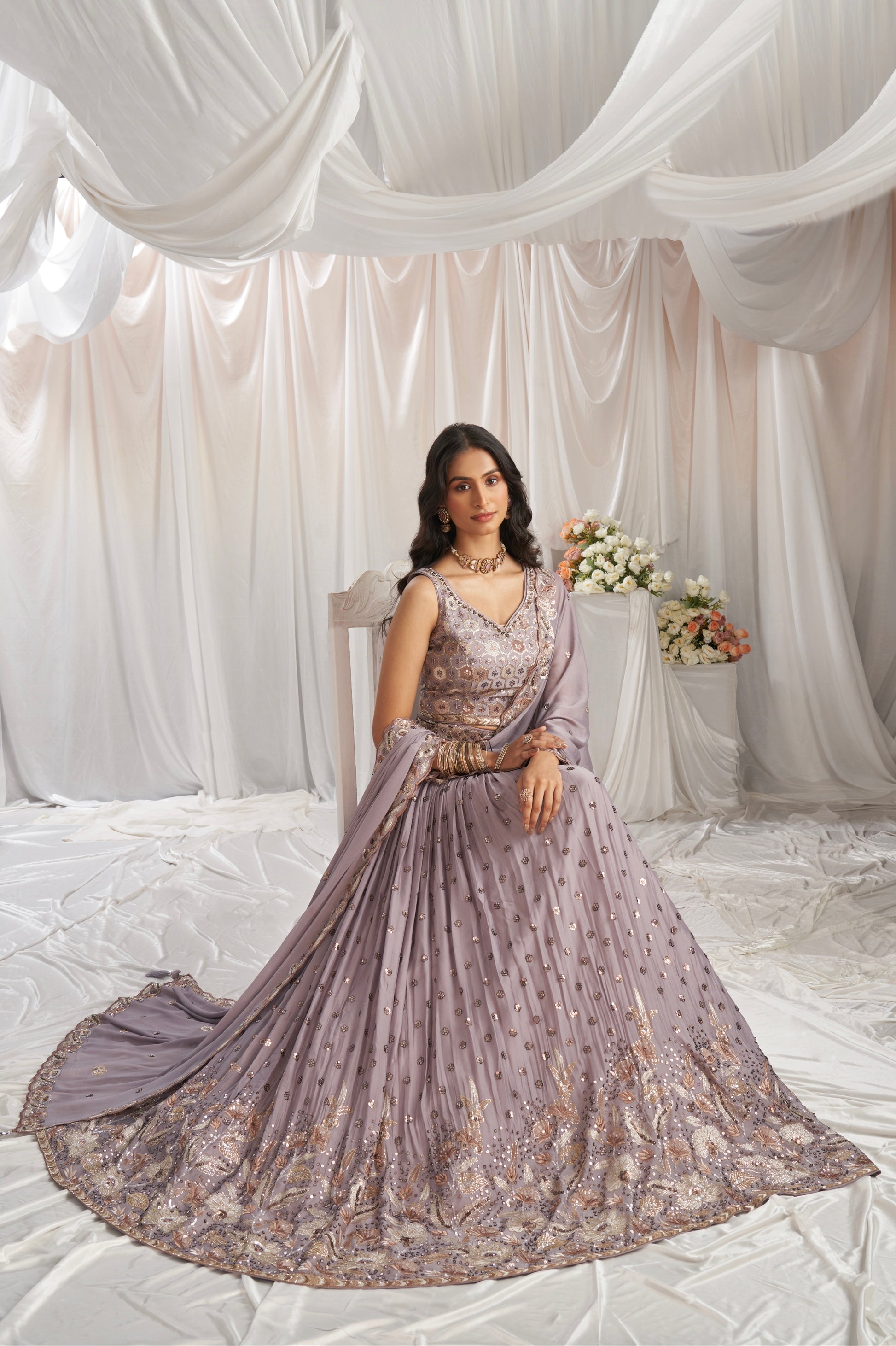 Mauve Georgette Lehenga with Sequins and Embroidery Work