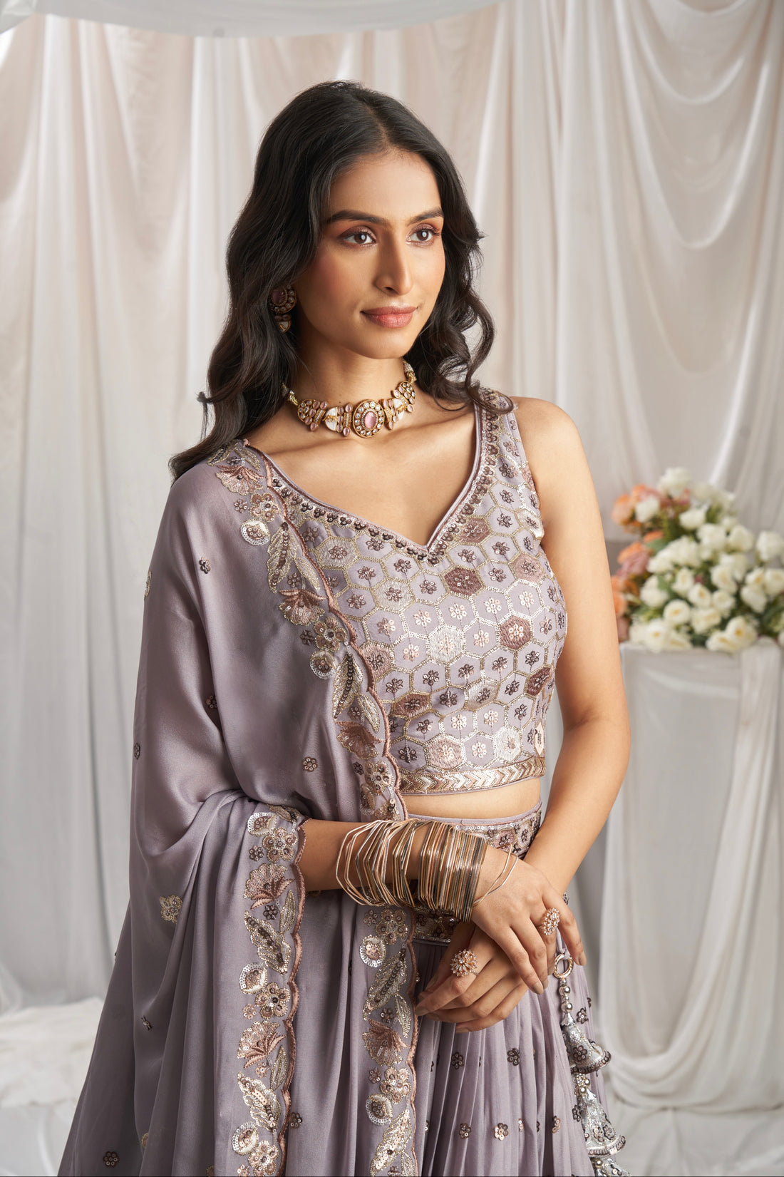 Mauve Georgette Lehenga with Sequins and Embroidery Work