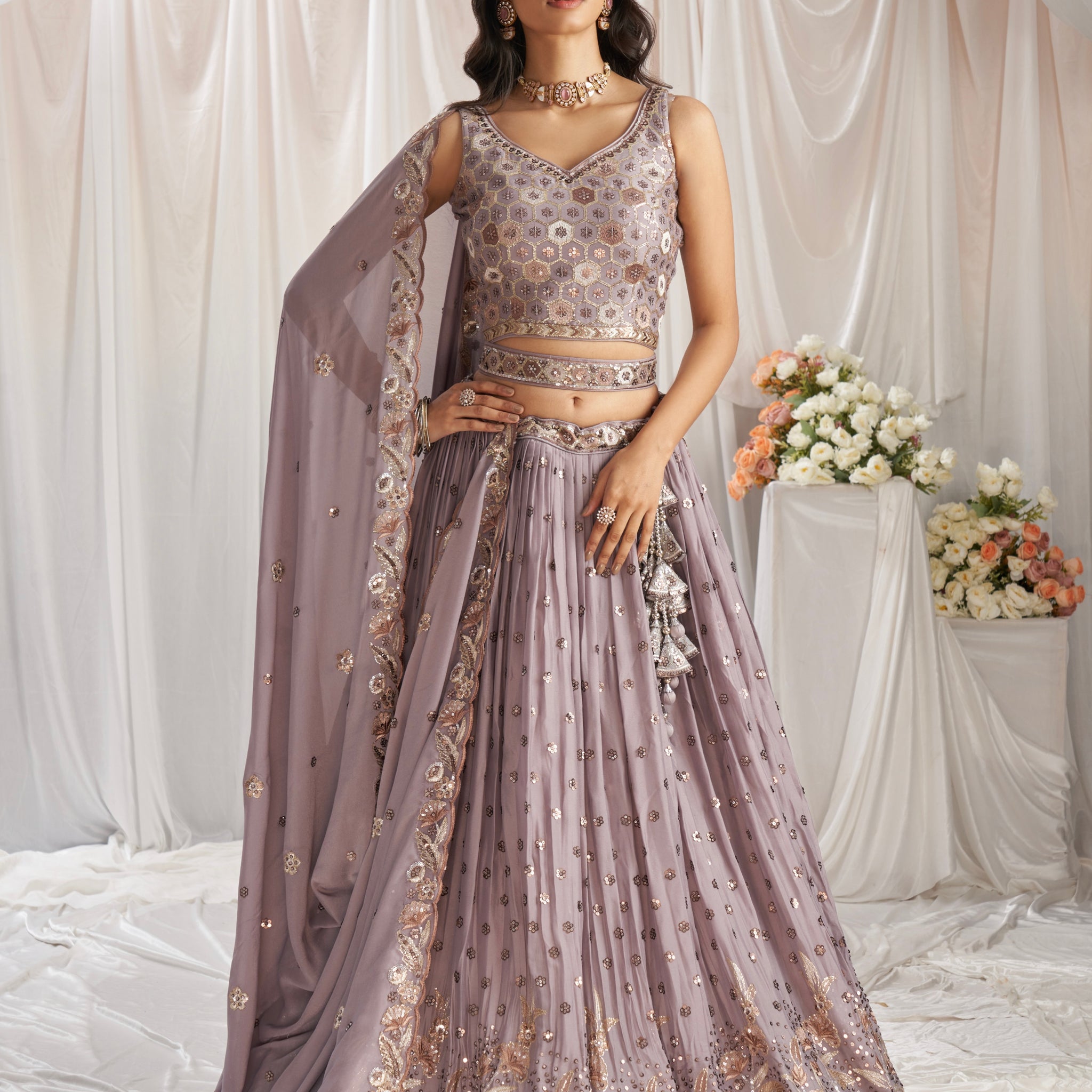 Mauve Georgette Lehenga with Sequins and Embroidery Work