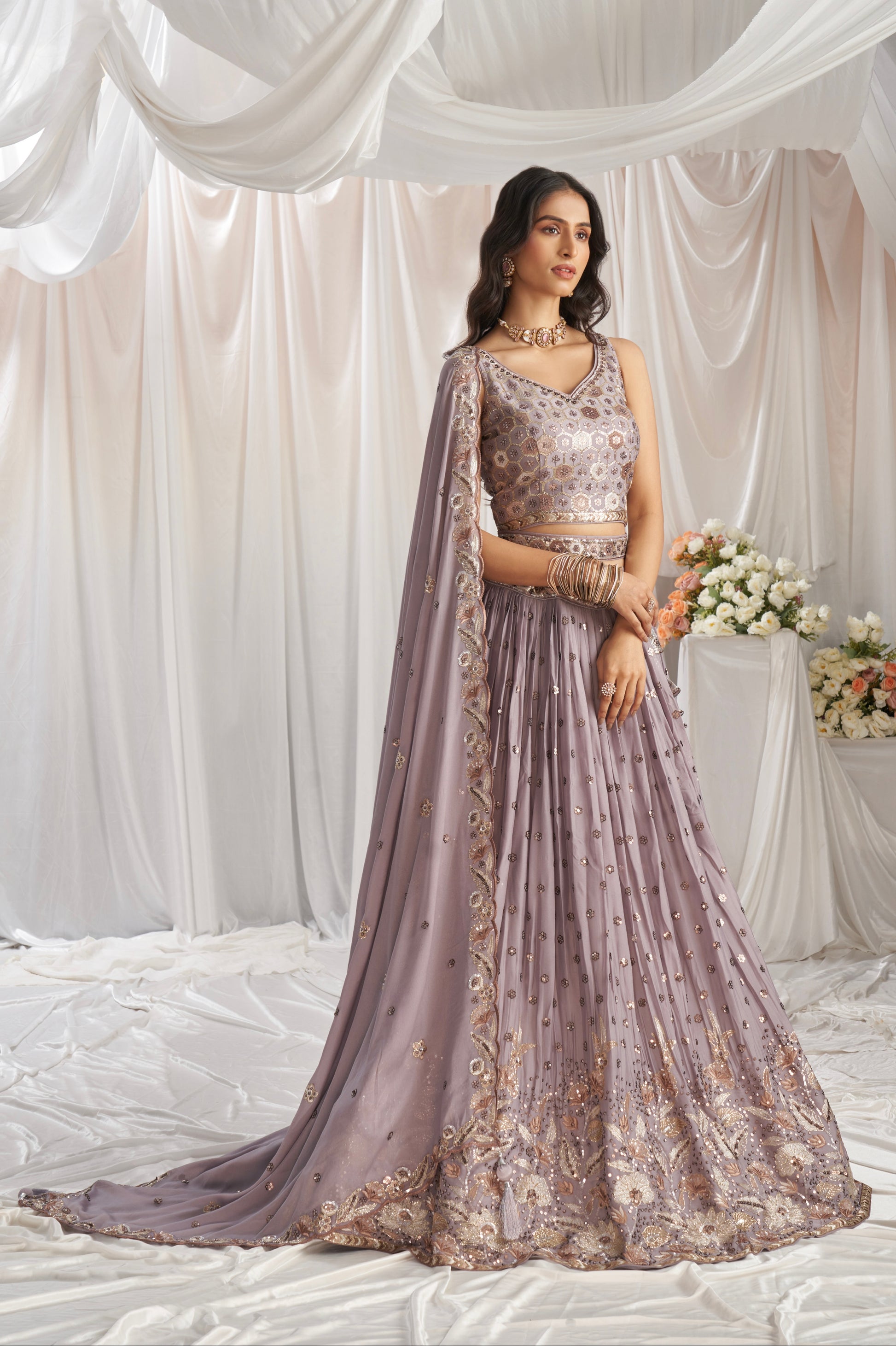 Mauve Georgette Lehenga with Sequins and Embroidery Work