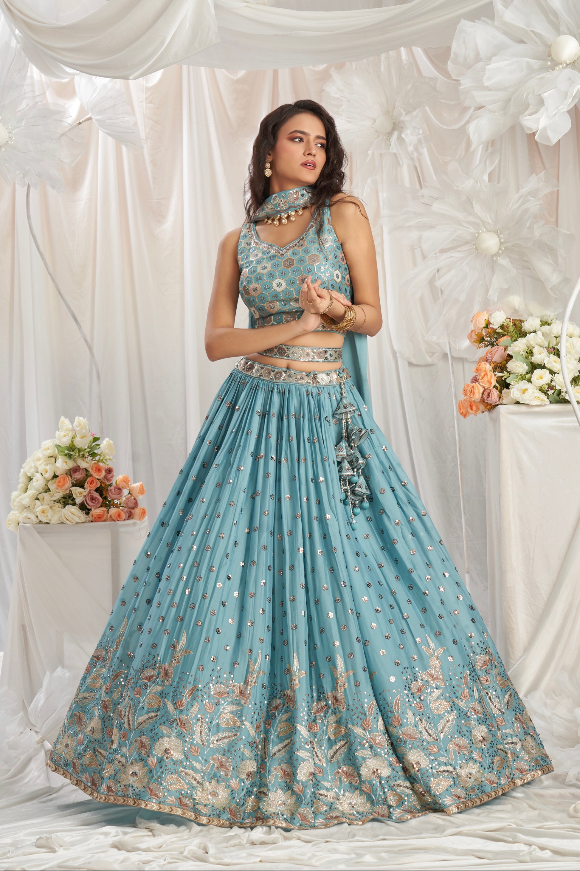 Turquoise Blue Georgette Lehenga with Sequins & Thread Embroidery