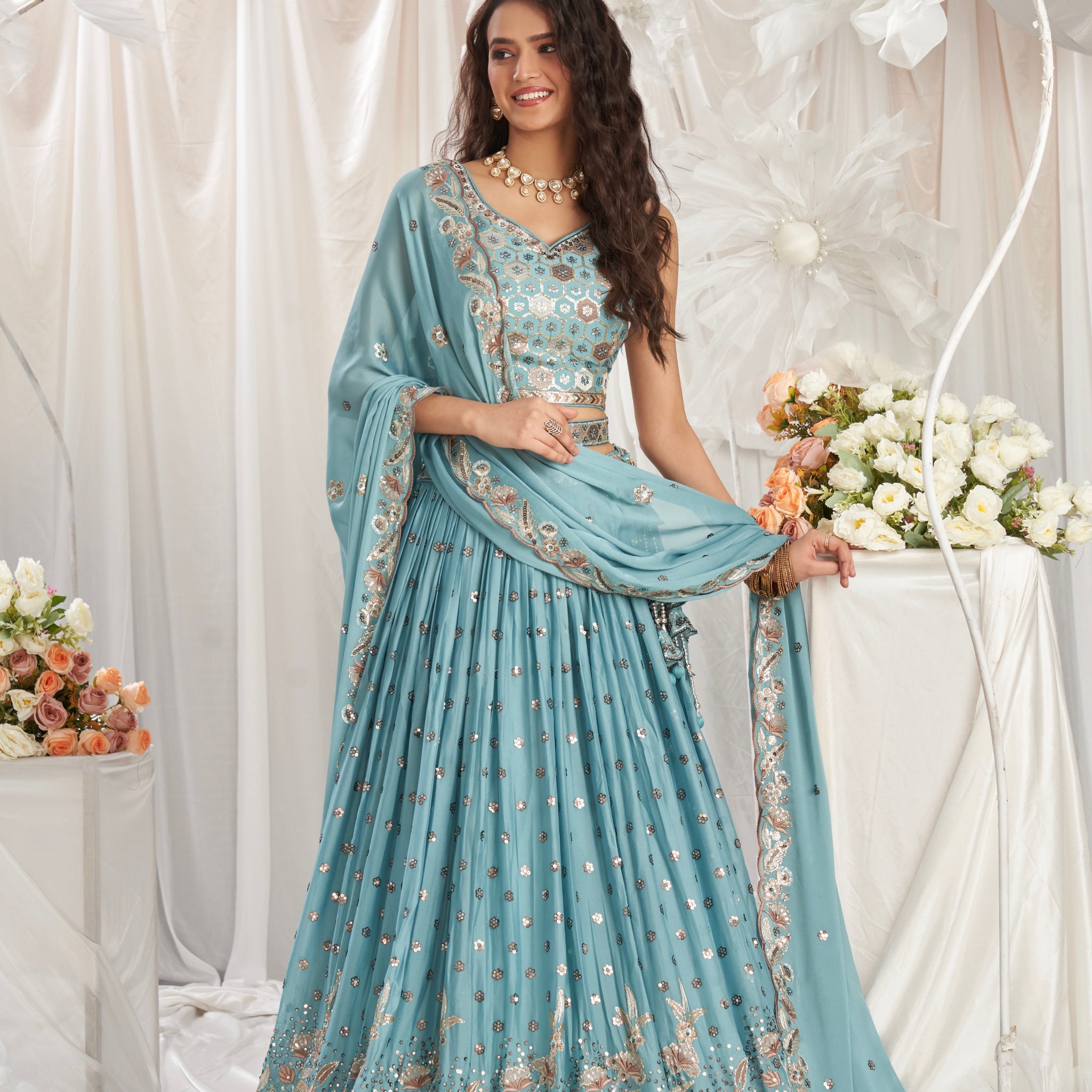 Turquoise Blue Georgette Lehenga with Sequins & Thread Embroidery