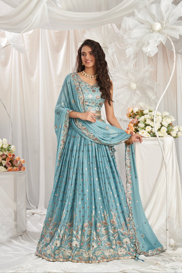 Turquoise Blue Georgette Lehenga with Sequins & Thread Embroidery