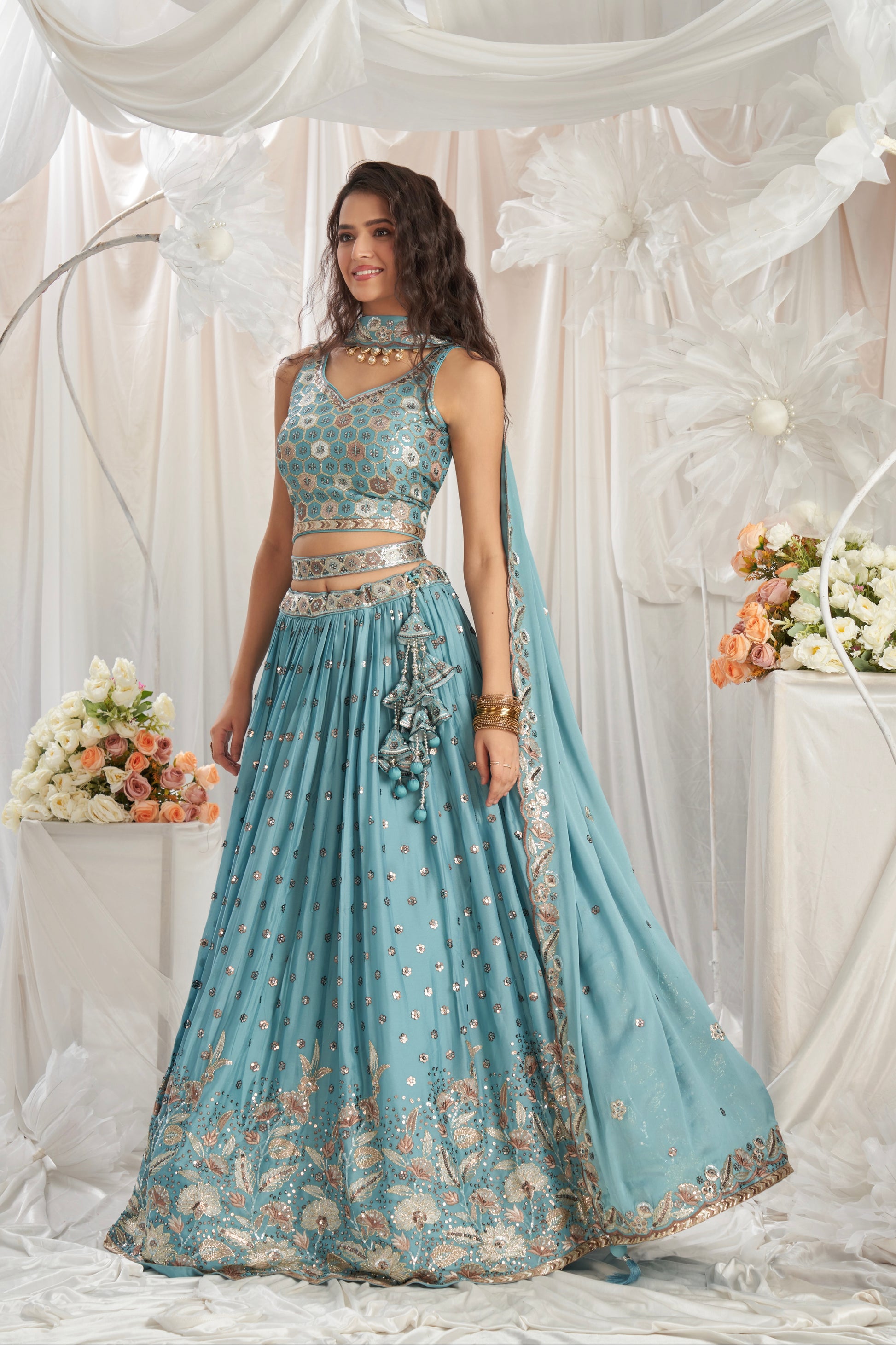 Turquoise Blue Georgette Lehenga with Sequins & Thread Embroidery