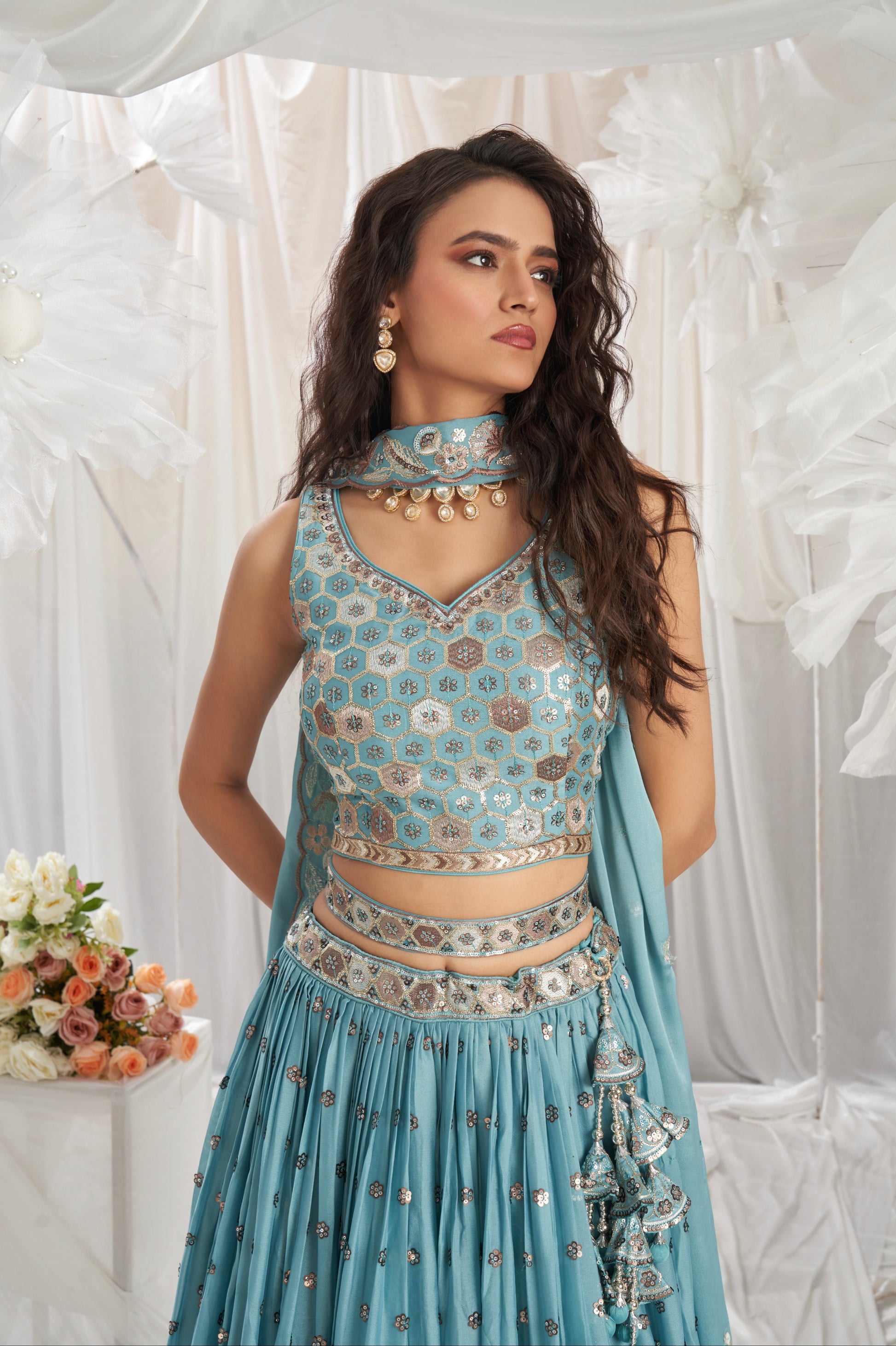 Turquoise Blue Georgette Lehenga with Sequins & Thread Embroidery