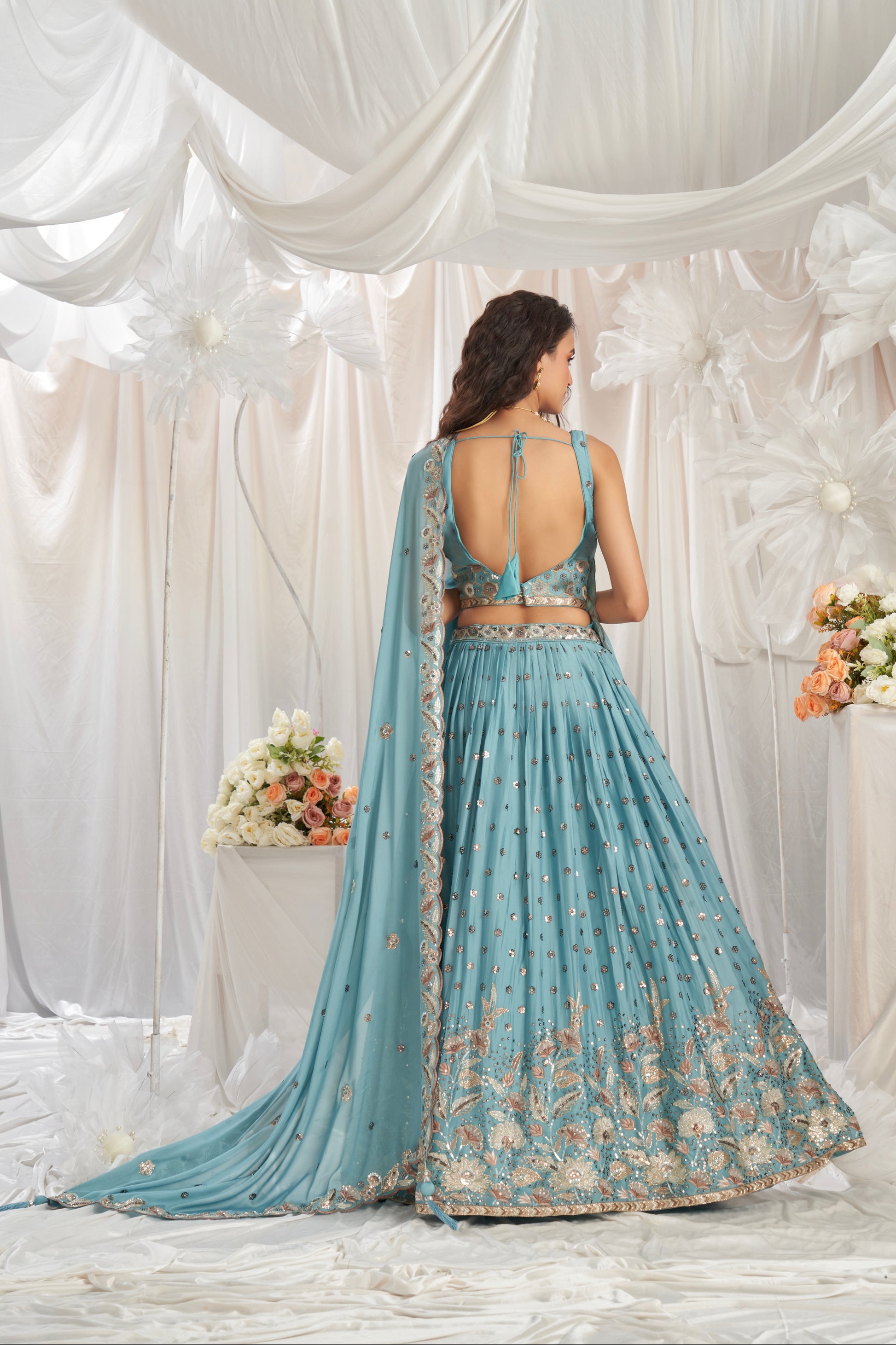 Turquoise Blue Georgette Lehenga with Sequins & Thread Embroidery