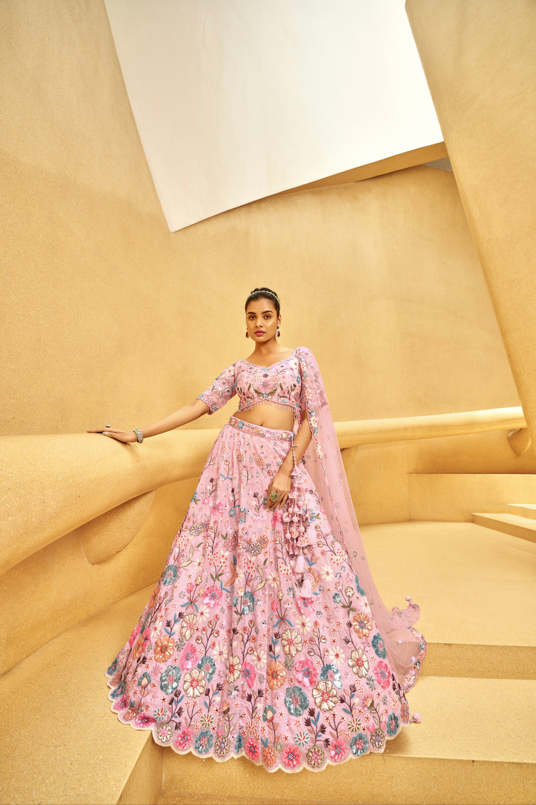 Pink Organza Bridal Lehenga with Zarkan, Sequins, and Mirror Work