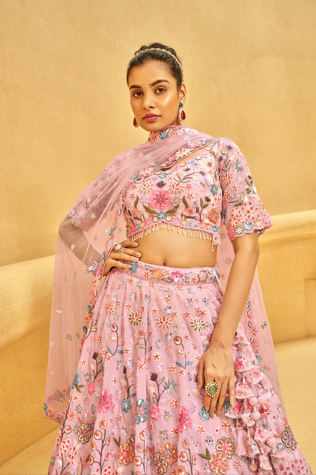 Pink Organza Bridal Lehenga with Zarkan, Sequins, and Mirror Work