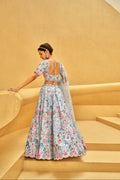 Turquoise Blue Organza Lehenga with Zarkan and Sequins Embroidery for wedding