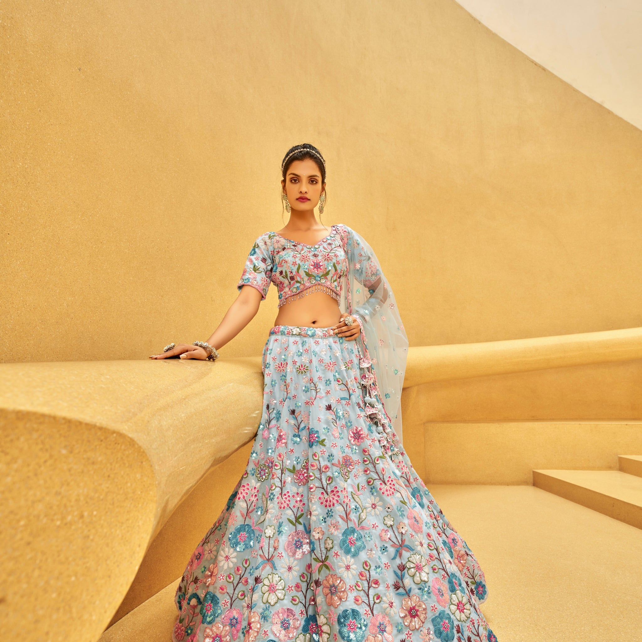 Turquoise Blue Organza Lehenga with Zarkan and Sequins Embroidery for wedding