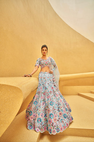 Turquoise Blue Organza Lehenga with Zarkan and Sequins Embroidery for wedding