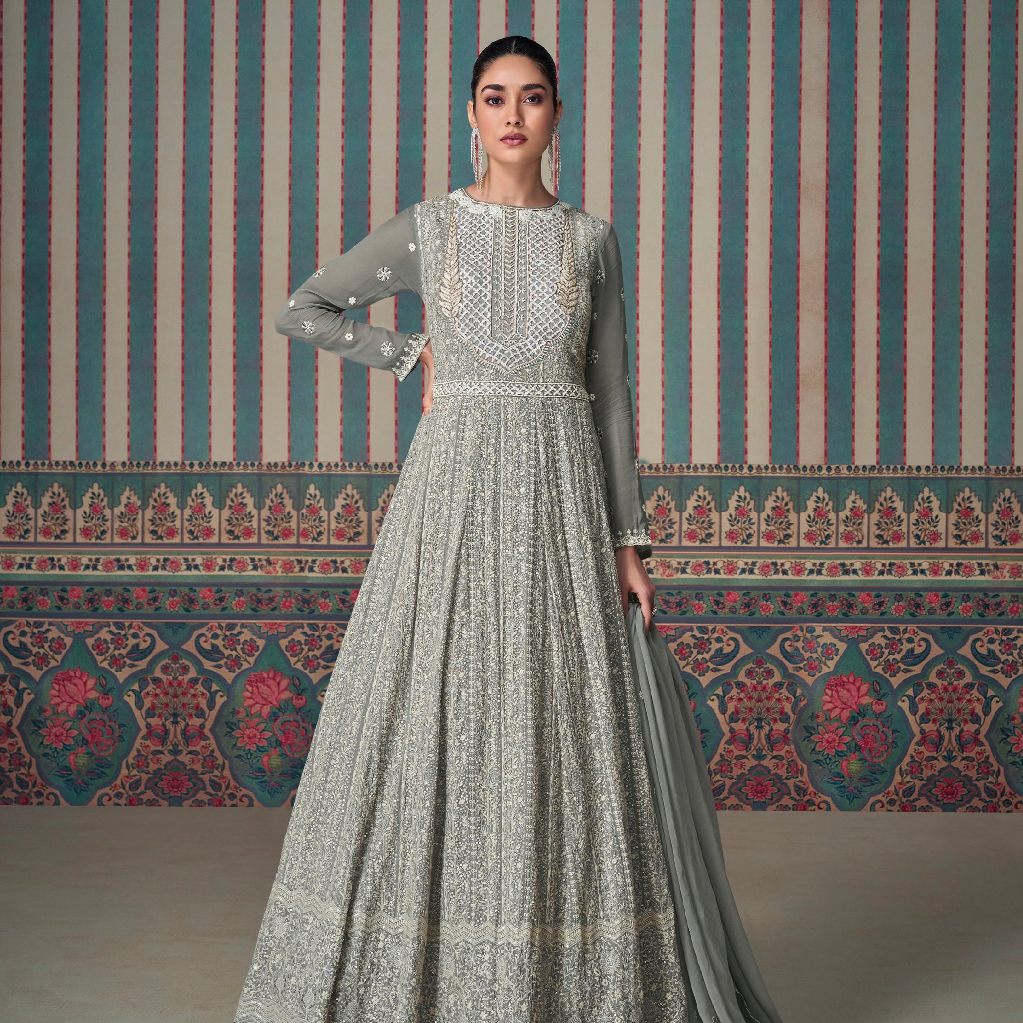 Grey Chikankari Embroidered Anarkali Suit with Dupatta