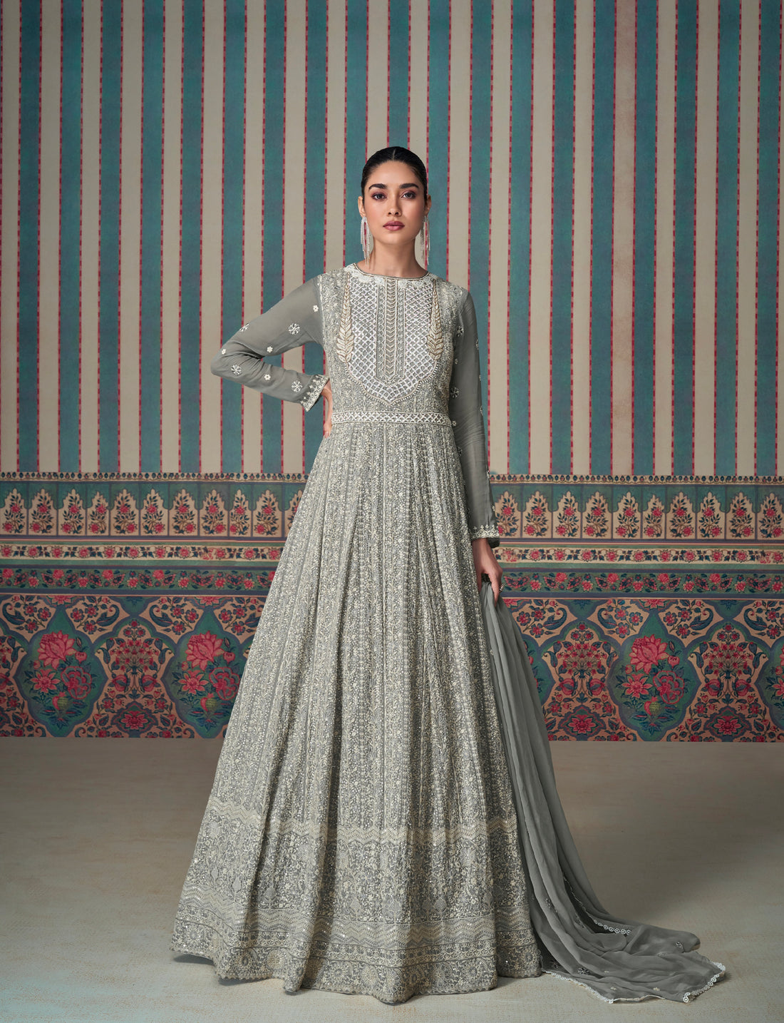 Grey Chikankari Embroidered Anarkali Suit with Dupatta