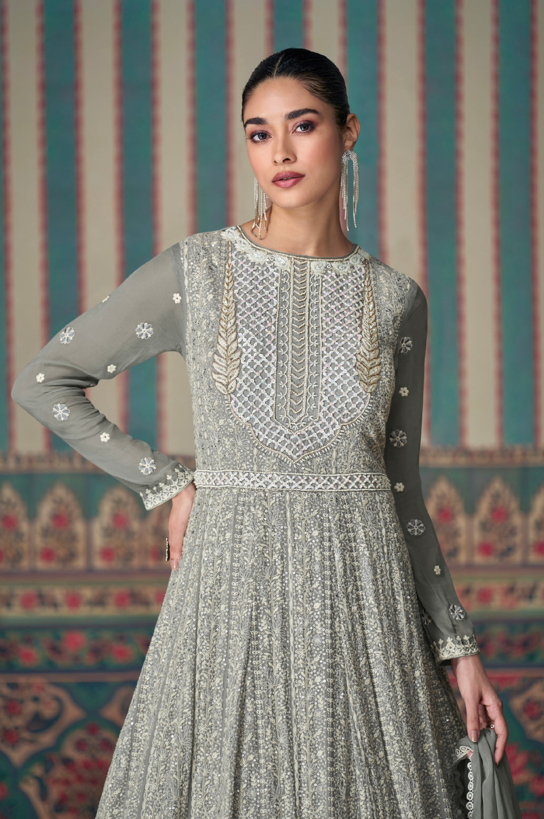 Grey Chikankari Embroidered Anarkali Suit with Dupatta