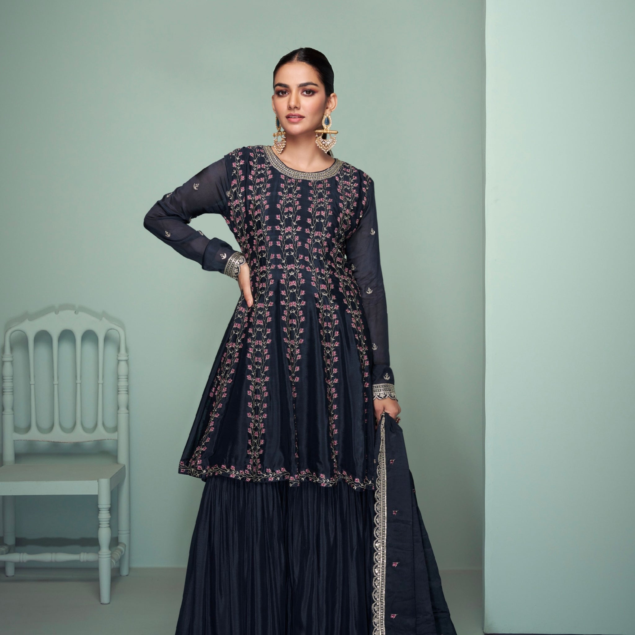 Midnight Blue Embroidered Real Chinon Sharara Suit