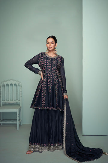 Midnight Blue Embroidered Real Chinon Sharara Suit