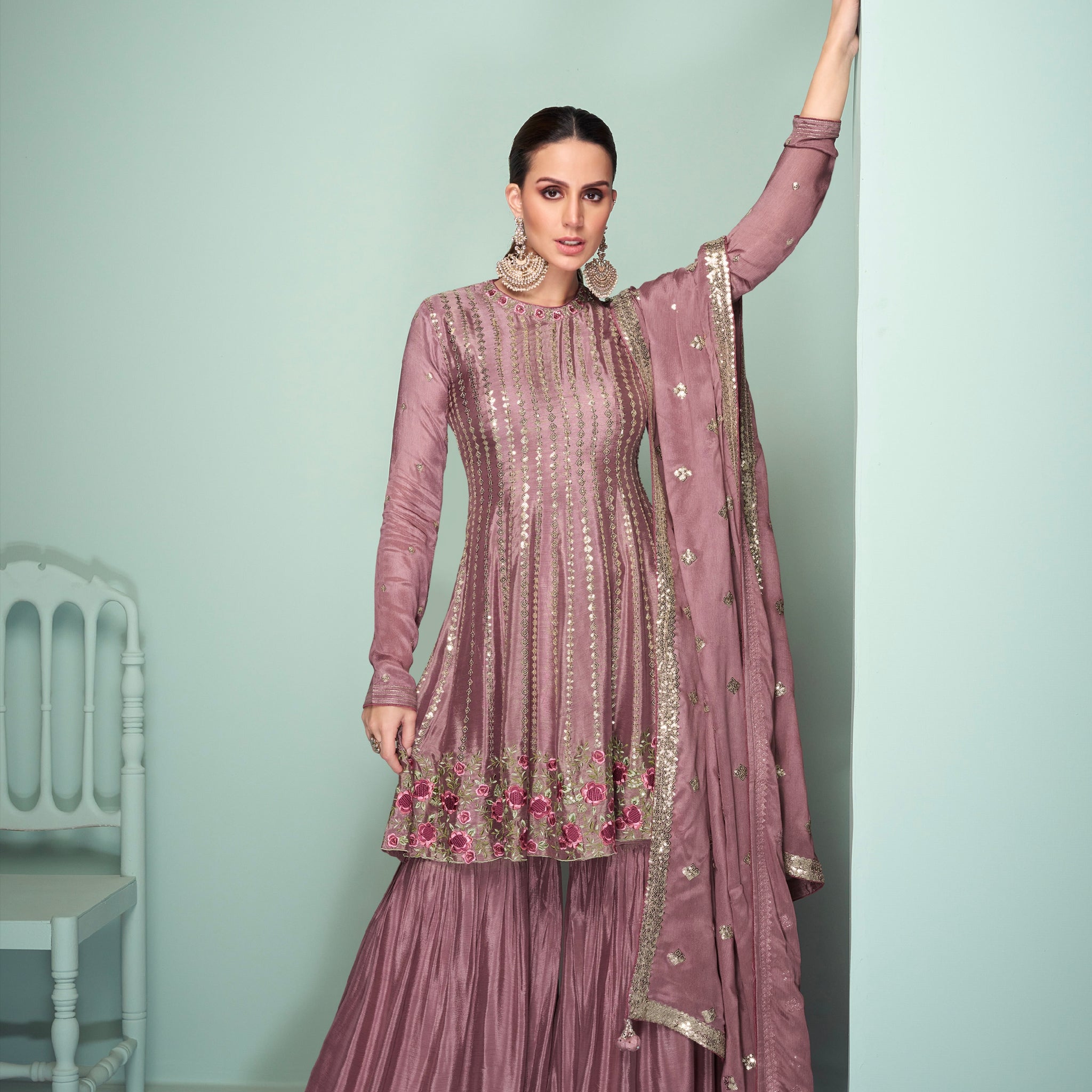 Dust Pink Embroidered Real Chinon Sharara Suit